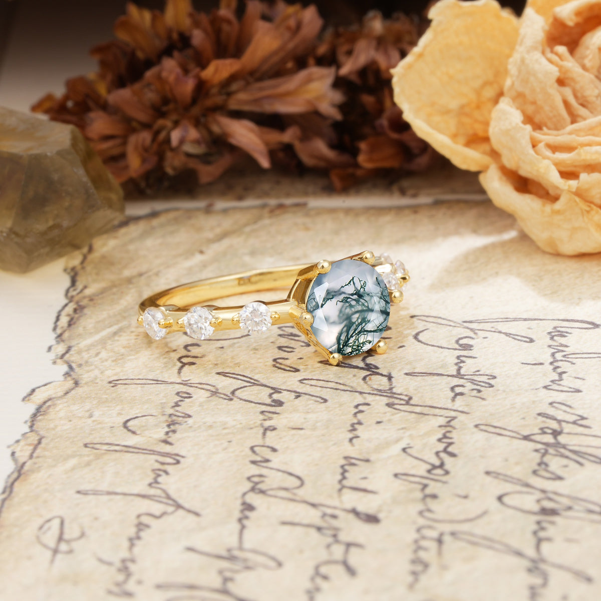 Unique 6-Prong Round Cut Moss Agate Engagement Ring - Additional view