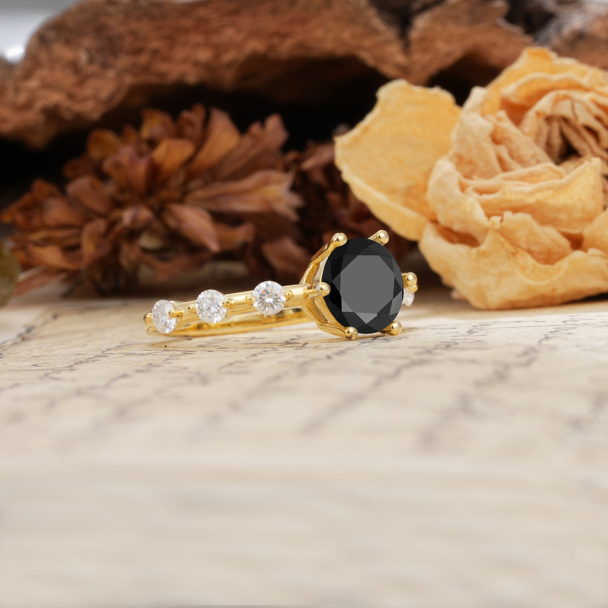 Unique 6-Prong Round Cut Black Onyx Engagement Ring - Additional view