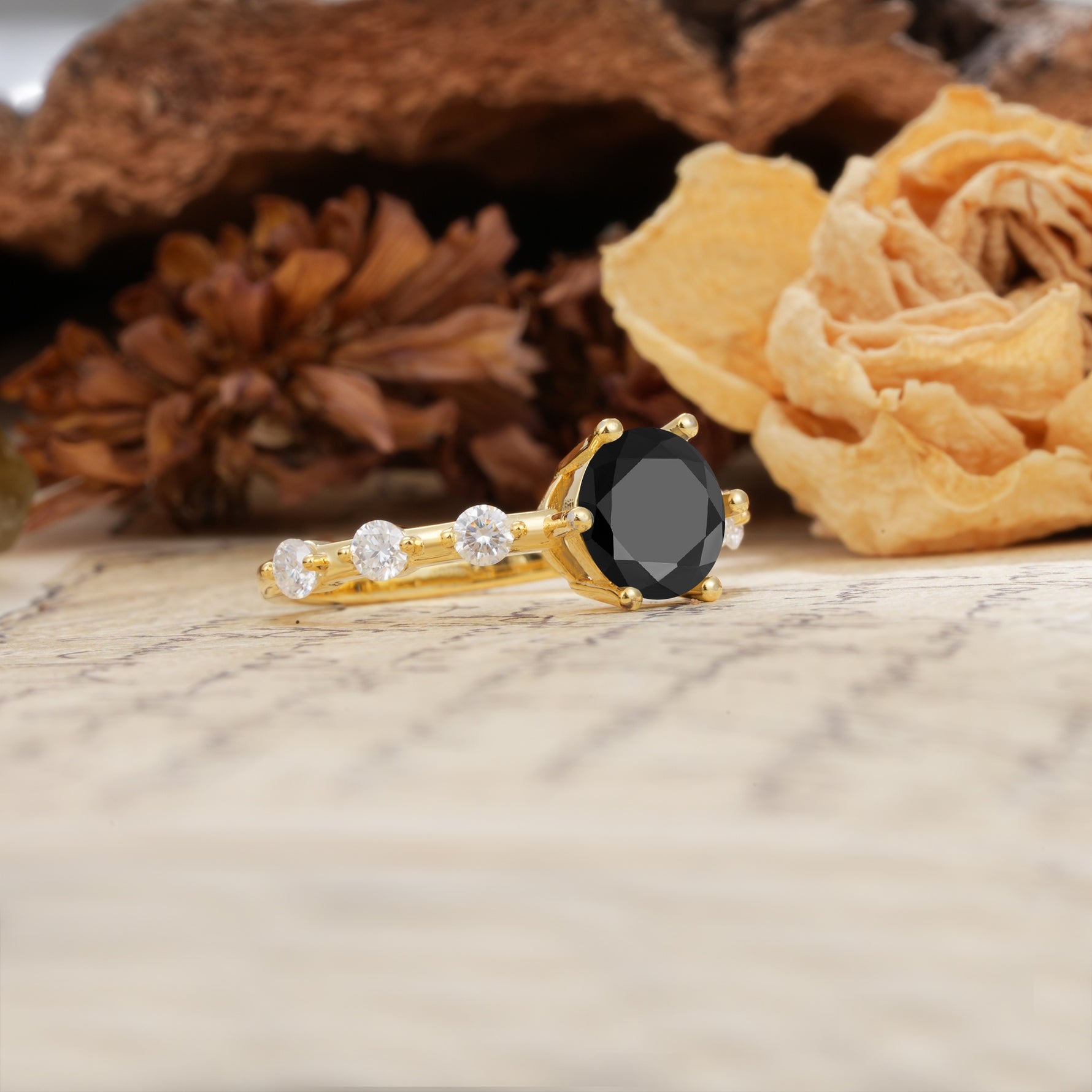 Unique 6-Prong Round Cut Black Onyx Engagement Ring - Additional view