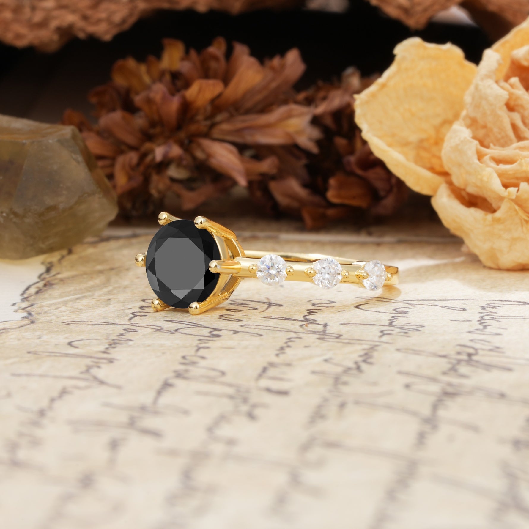 Unique 6-Prong Round Cut Black Onyx Engagement Ring - Additional view