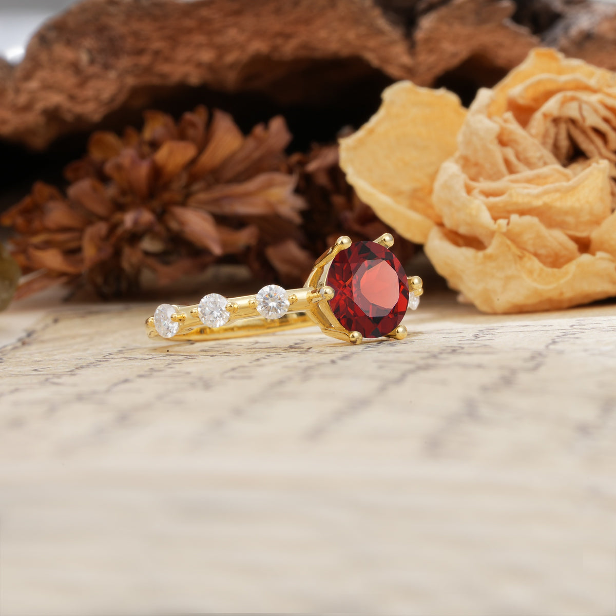 Unique 6-Prong Round Cut Garnet Engagement Ring - Additional view
