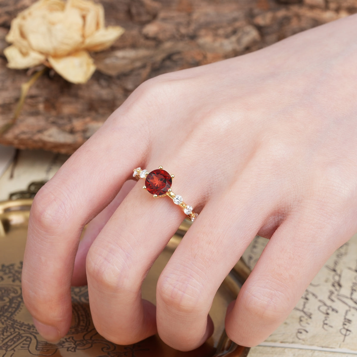Unique 6-Prong Round Cut Garnet Engagement Ring - Additional view