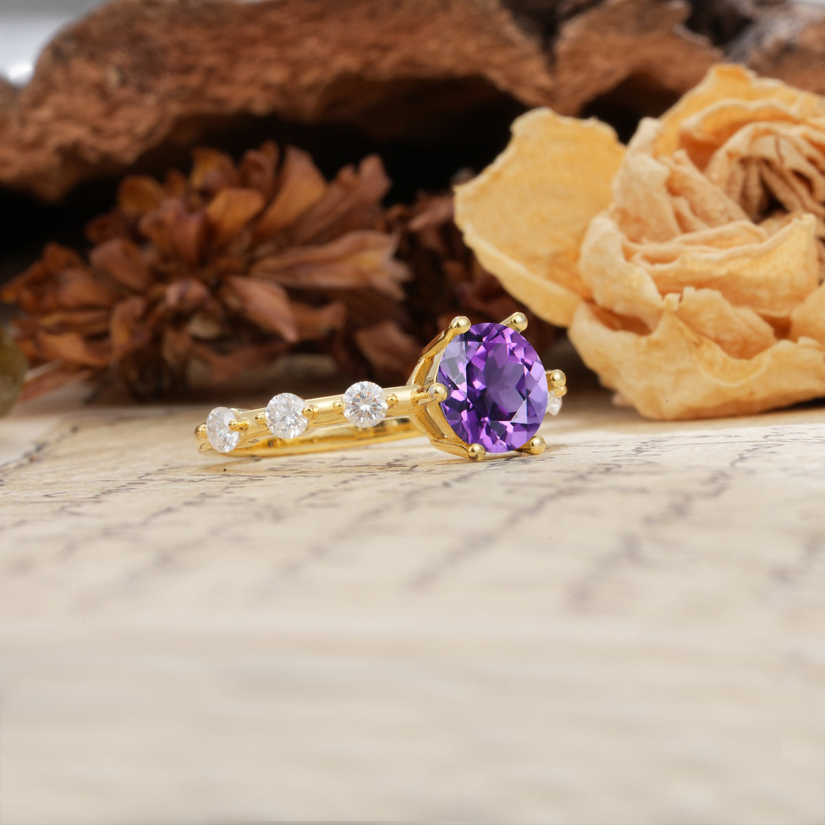 Unique 6-Prong Round Cut Amethyst Engagement Ring - Additional view
