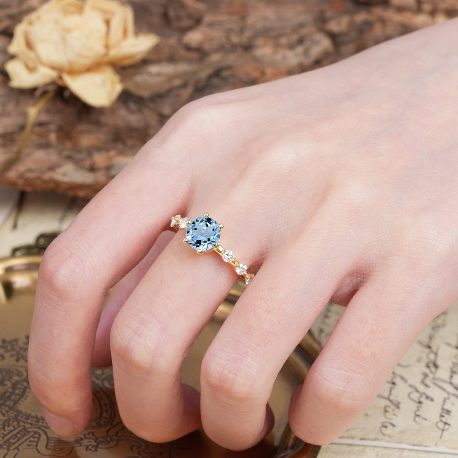 Unique 6-Prong Round Cut Aquamarine Engagement Ring