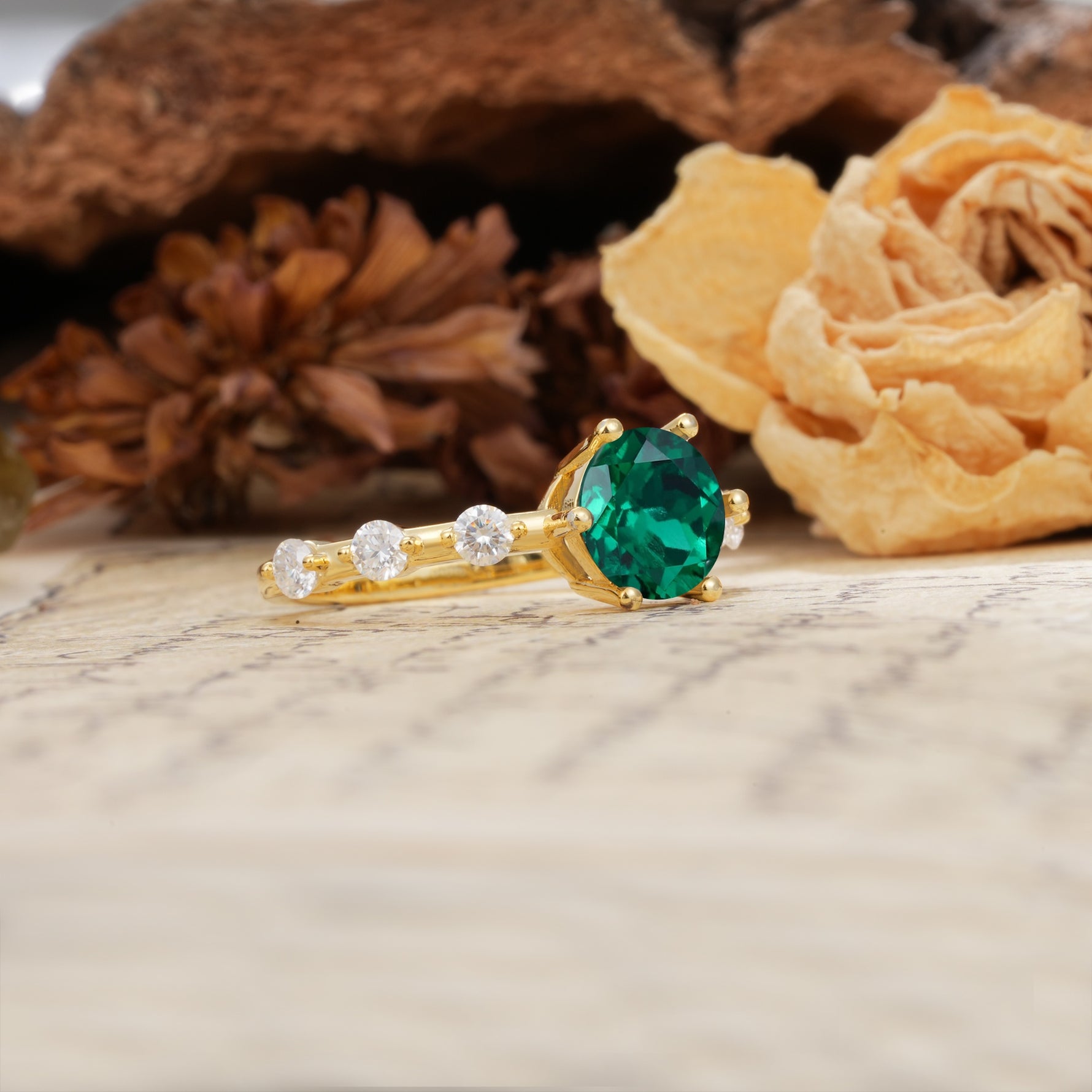 Unique 6-Prong Round Cut Emerald Engagement Ring - Additional view