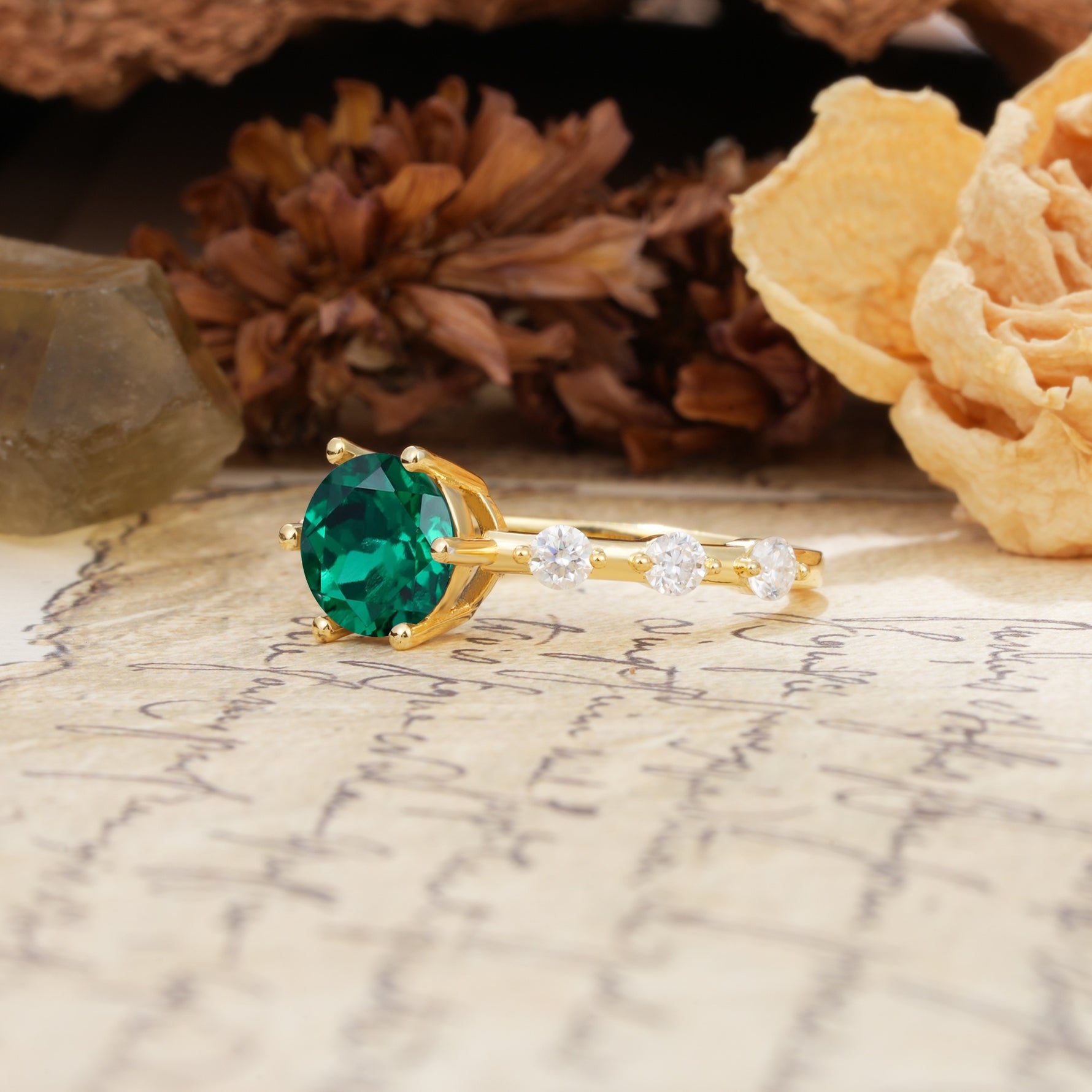 Unique 6-Prong Round Cut Emerald Engagement Ring - Additional view