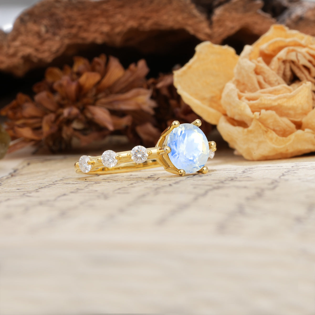 Unique 6-Prong Round Cut Moonstone Engagement Ring - Additional view