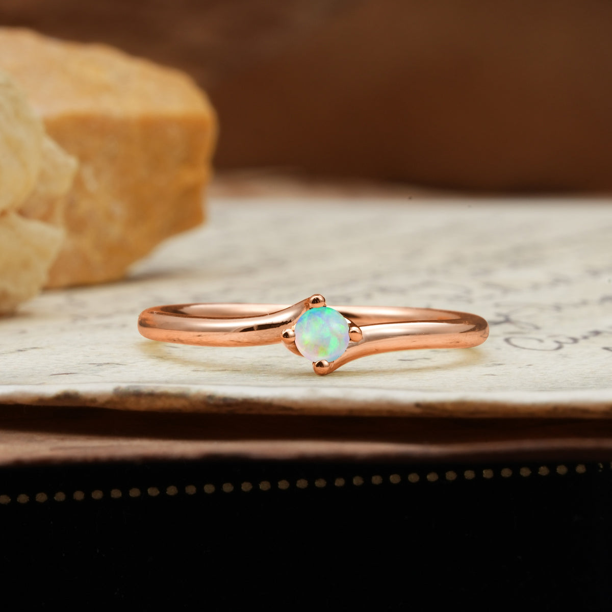 Classic and Minimalist 4-Prong Round-Cut Three-Stone Fire Opal Engagement Ring - Additional view