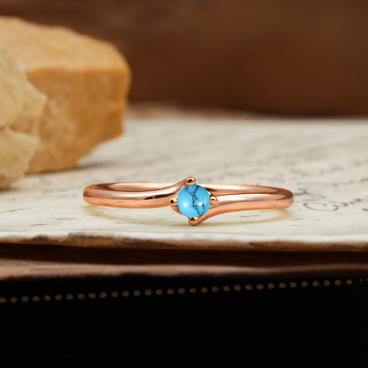 Classic and Minimalist 4-Prong Round-Cut Three-Stone Turquoise Engagement Ring - Additional view