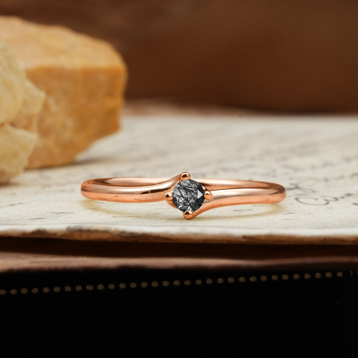 Classic and Minimalist 4-Prong Round-Cut Three-Stone Black Rutilated Quartz Engagement Ring - Additional view
