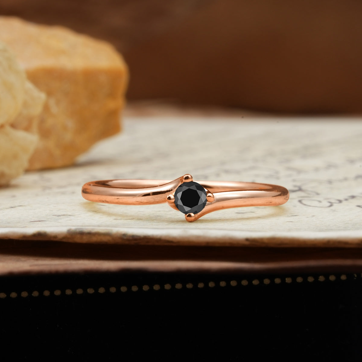 Classic and Minimalist 4-Prong Round-Cut Three-Stone Black Onyx Engagement Ring - Additional view
