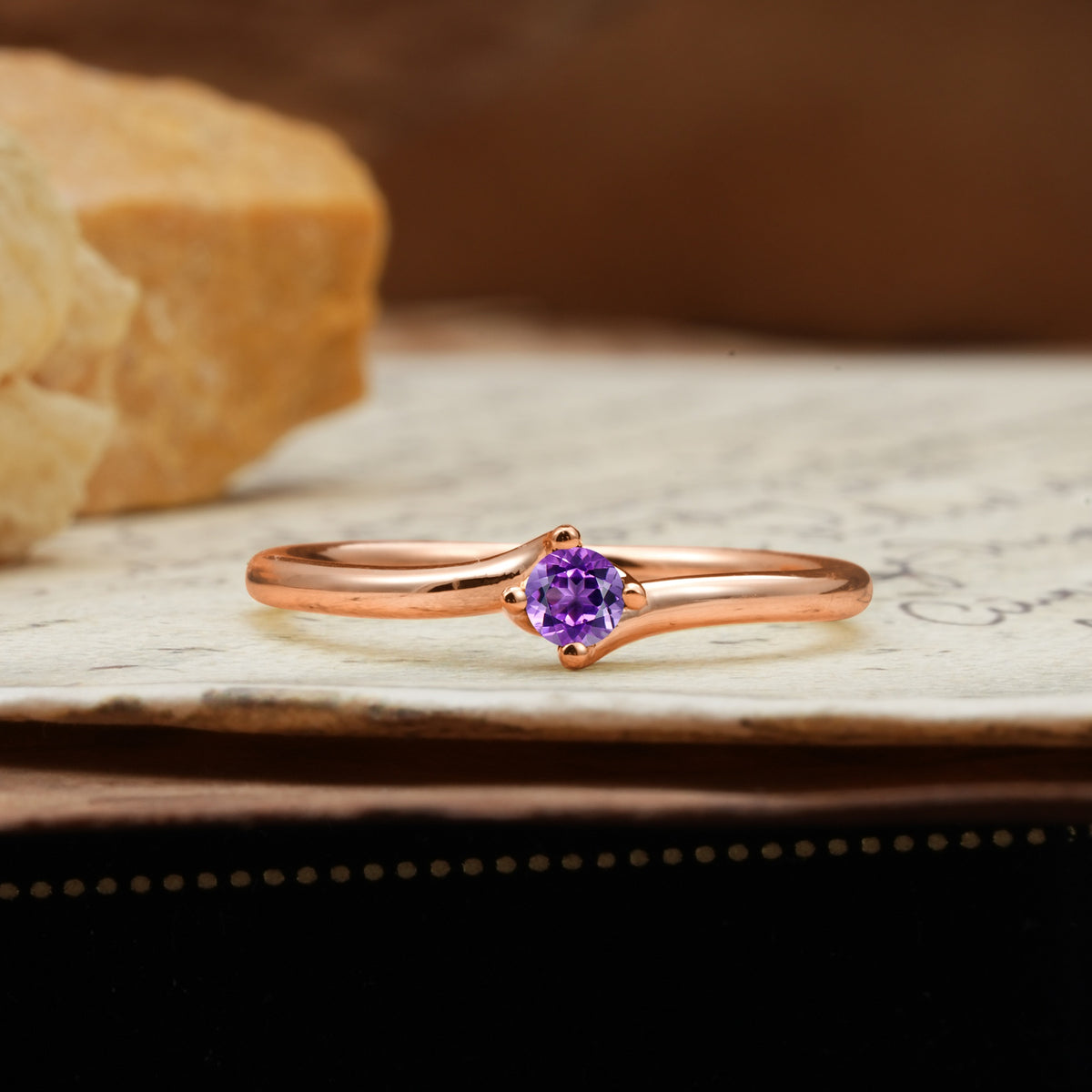 Classic and Minimalist 4-Prong Round-Cut Three-Stone Amethyst Engagement Ring - Additional view