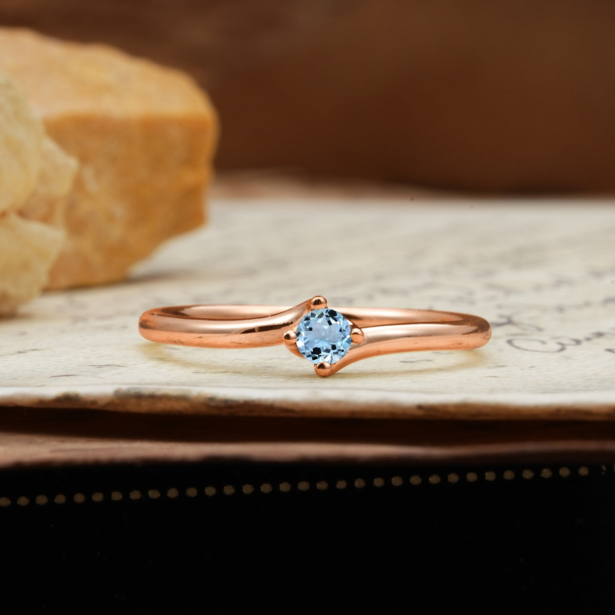 Classic and Minimalist 4-Prong Round-Cut Three-Stone Aquamarine Engagement Ring - Additional view