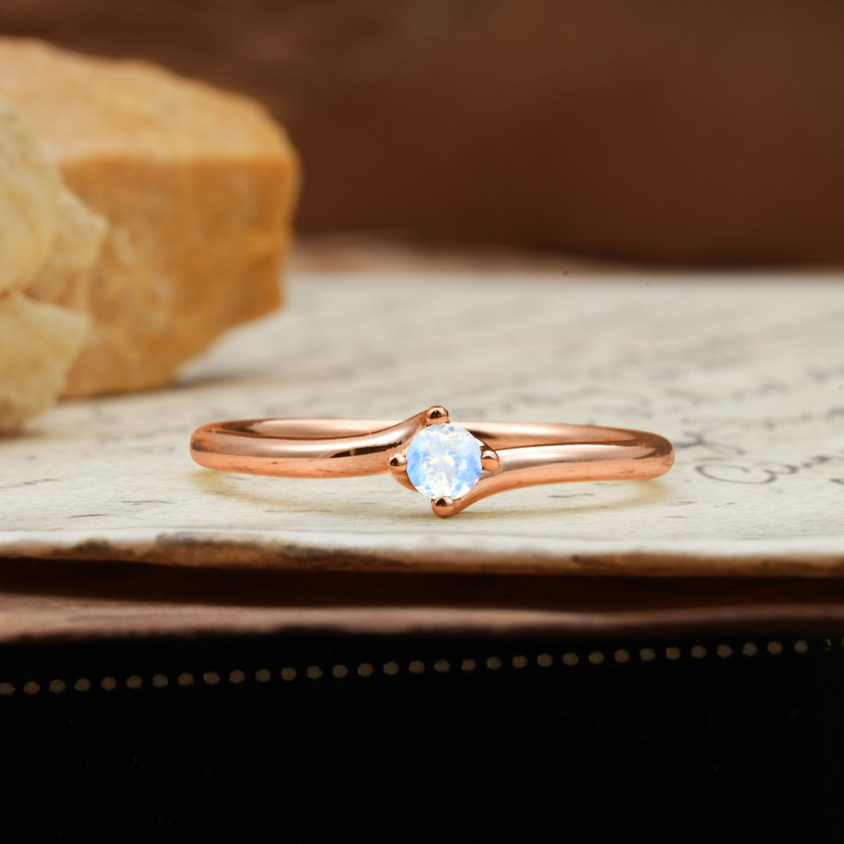 Classic and Minimalist 4-Prong Round-Cut Three-Stone Moonstone Engagement Ring - Additional view