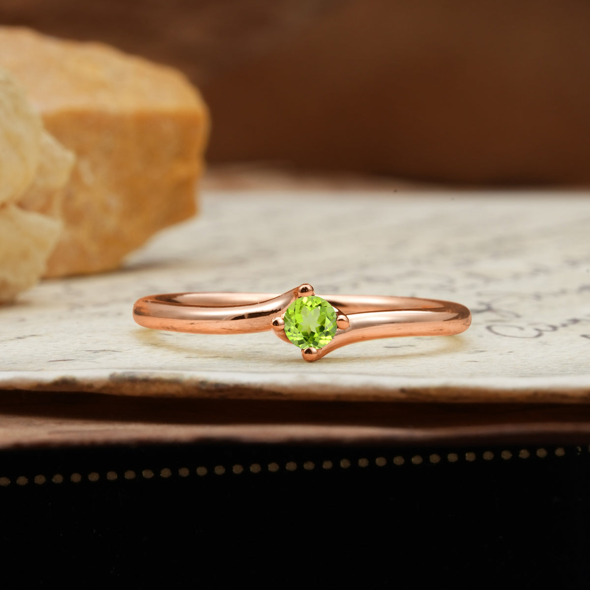 Classic and Minimalist 4-Prong Round-Cut Three-Stone Peridot Engagement Ring - Additional view