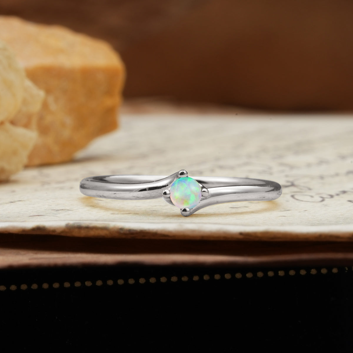 Classic and Minimalist 4-Prong Round-Cut Three-Stone Fire Opal Engagement Ring - Additional view