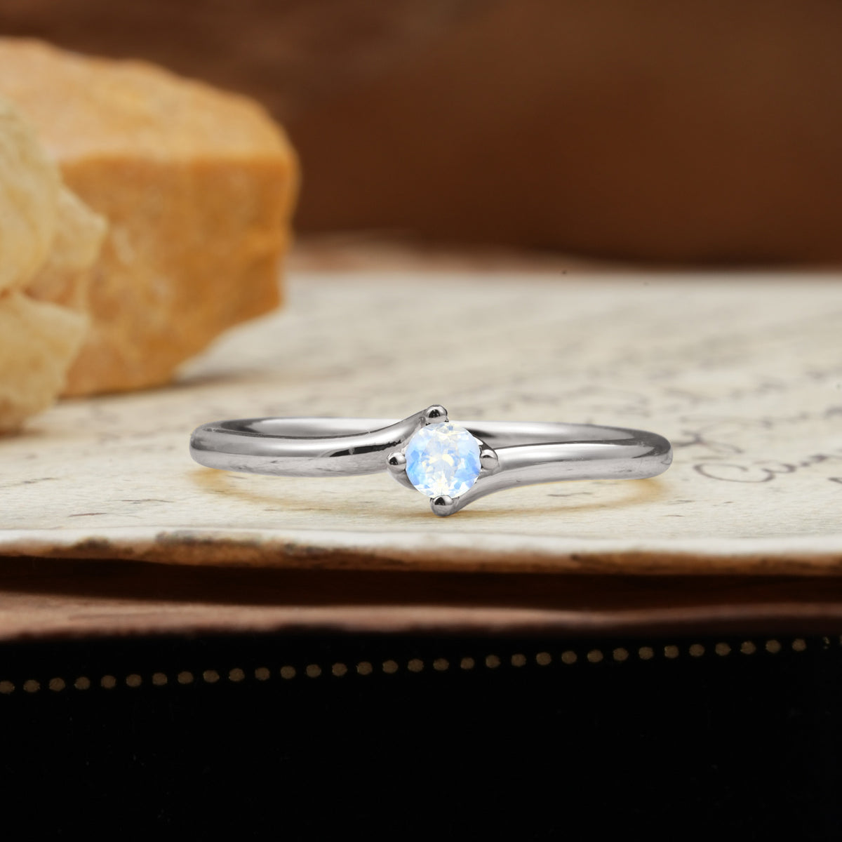 Classic and Minimalist 4-Prong Round-Cut Three-Stone Moonstone Engagement Ring - Additional view