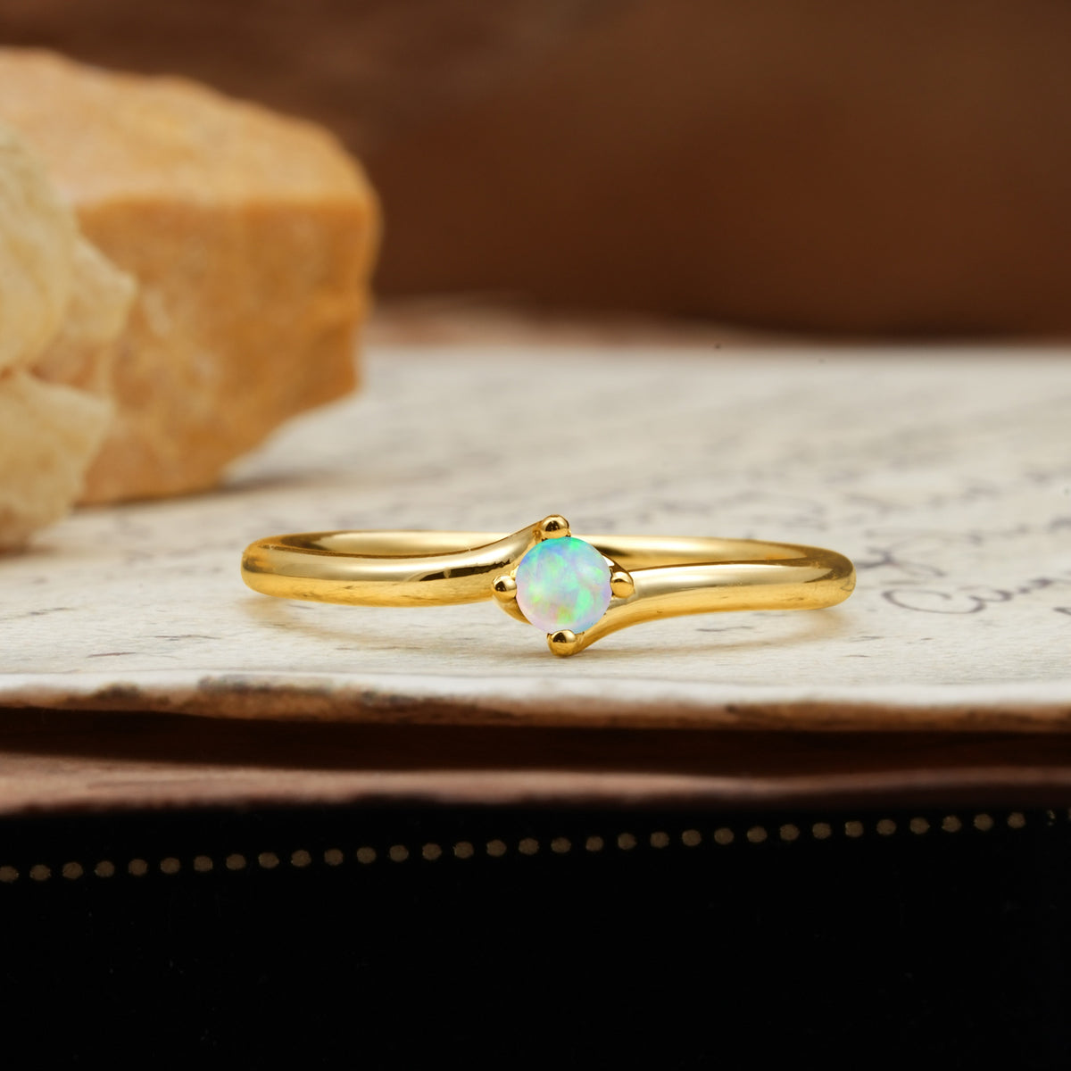 Classic and Minimalist 4-Prong Round-Cut Three-Stone Fire Opal Engagement Ring - Additional view