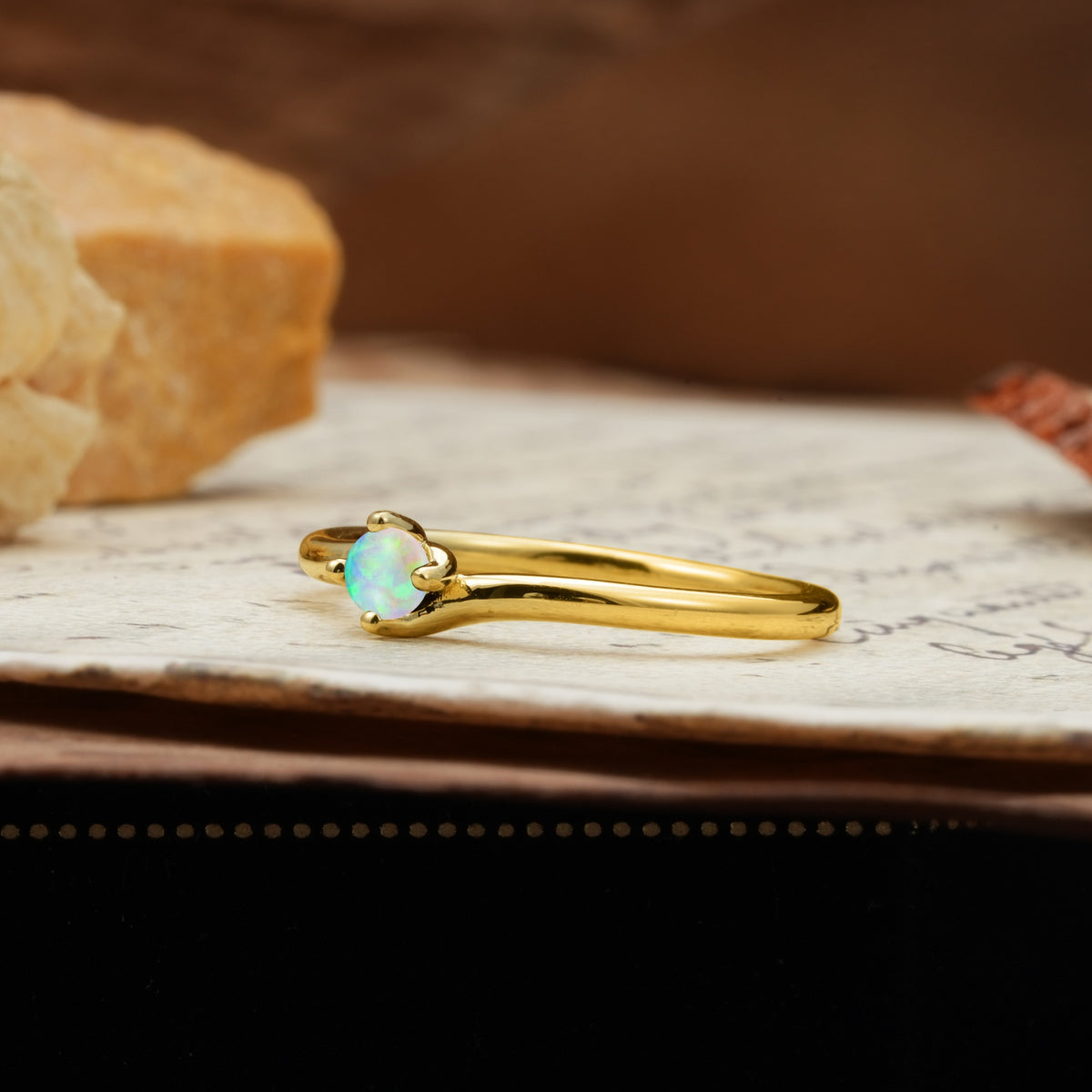 Classic and Minimalist 4-Prong Round-Cut Three-Stone Fire Opal Engagement Ring - Additional view