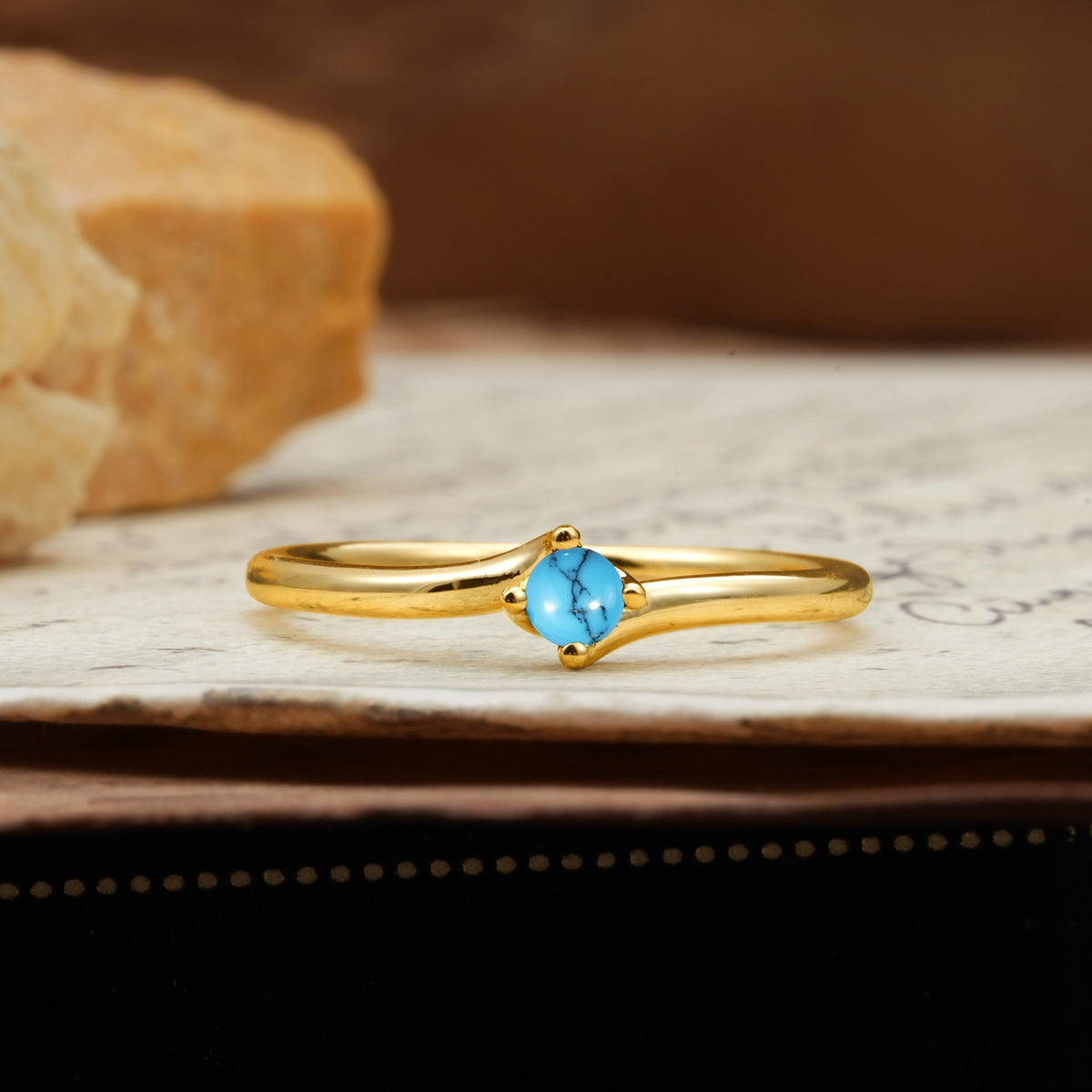 Classic and Minimalist 4-Prong Round-Cut Three-Stone Turquoise Engagement Ring - Additional view