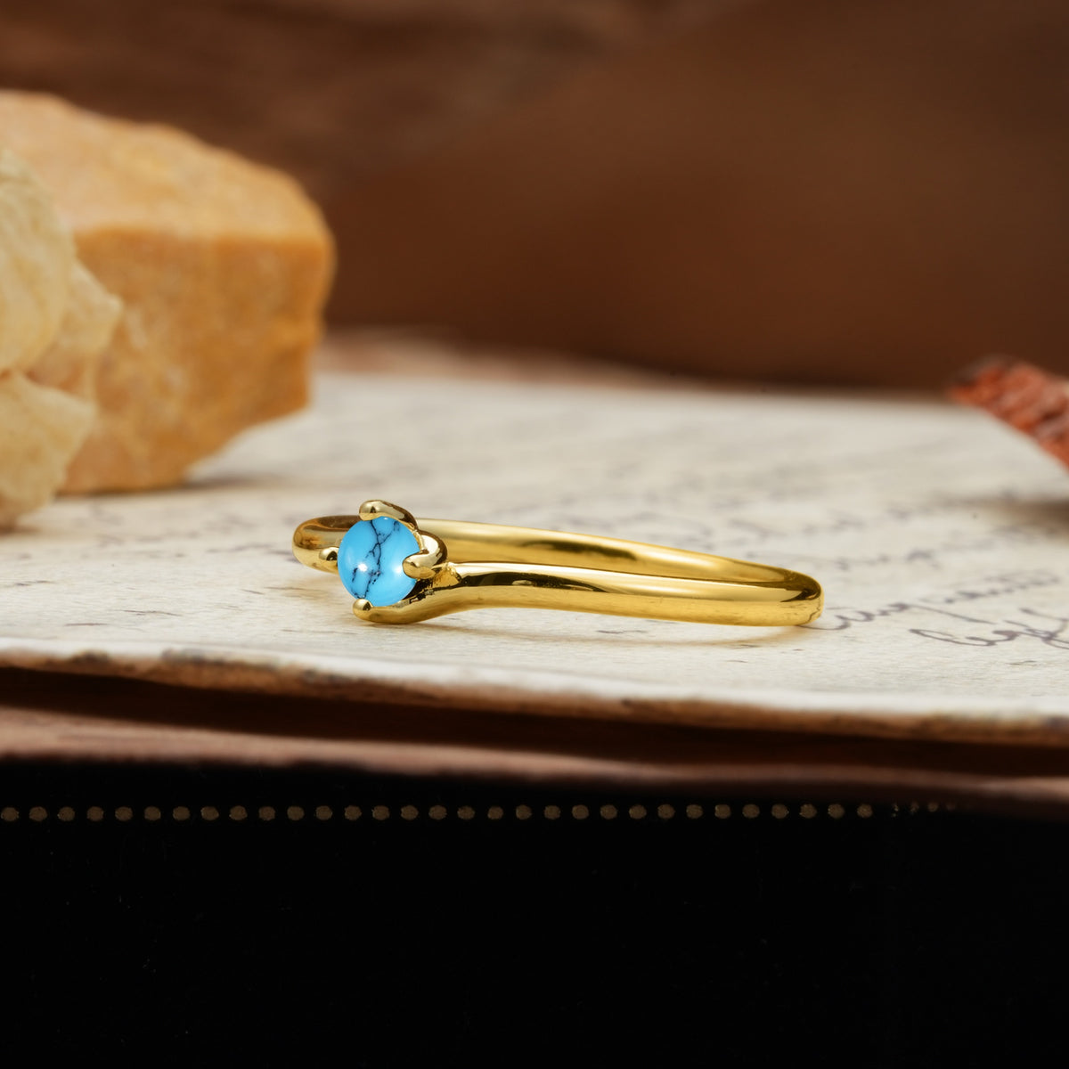 Classic and Minimalist 4-Prong Round-Cut Three-Stone Turquoise Engagement Ring - Additional view