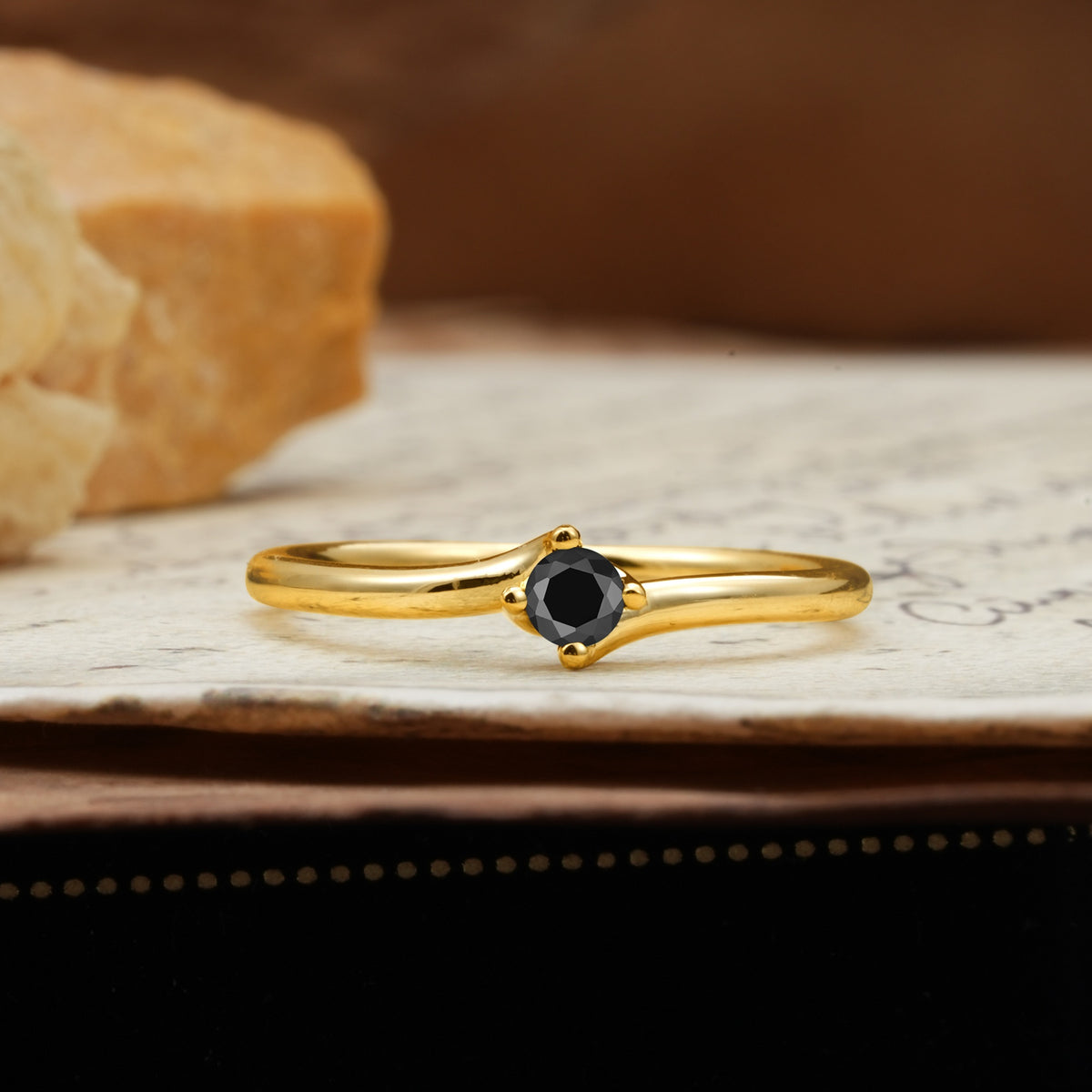 Classic and Minimalist 4-Prong Round-Cut Three-Stone Black Onyx Engagement Ring - Additional view