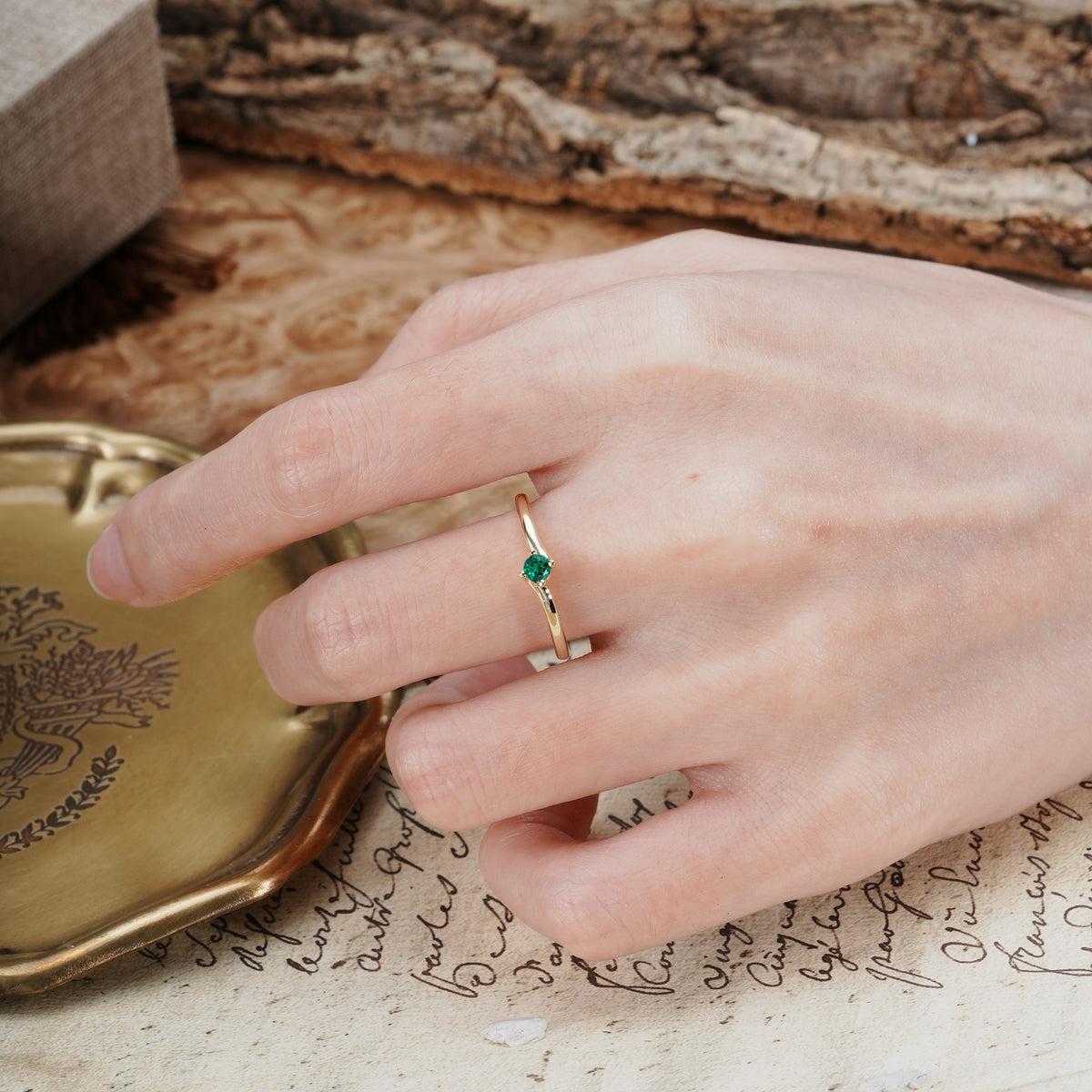 Classic and Minimalist 4-Prong Round-Cut Three-Stone Emerald Engagement Ring - Additional view
