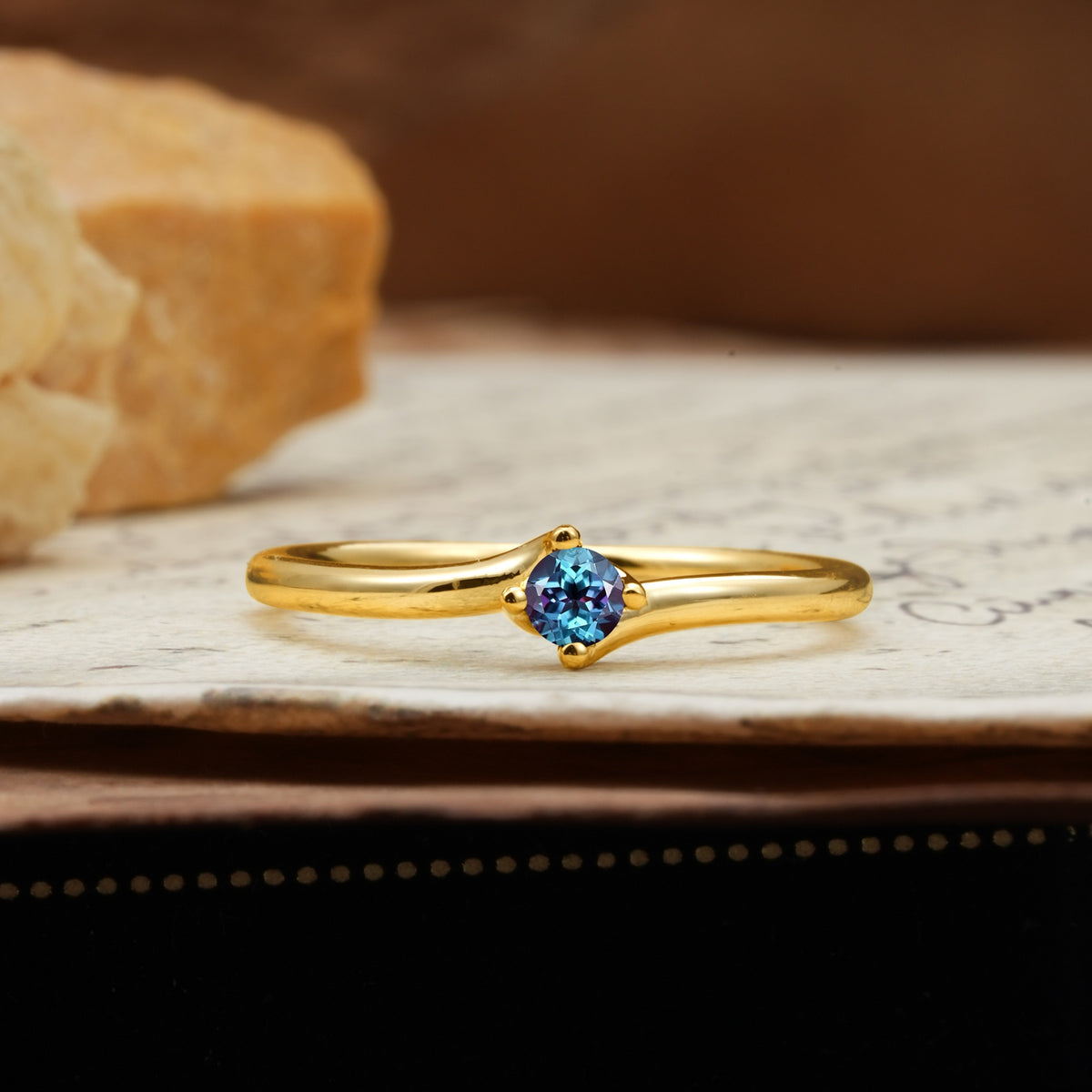 Classic and Minimalist 4-Prong Round-Cut Three-Stone Alexandrite Engagement Ring - Additional view