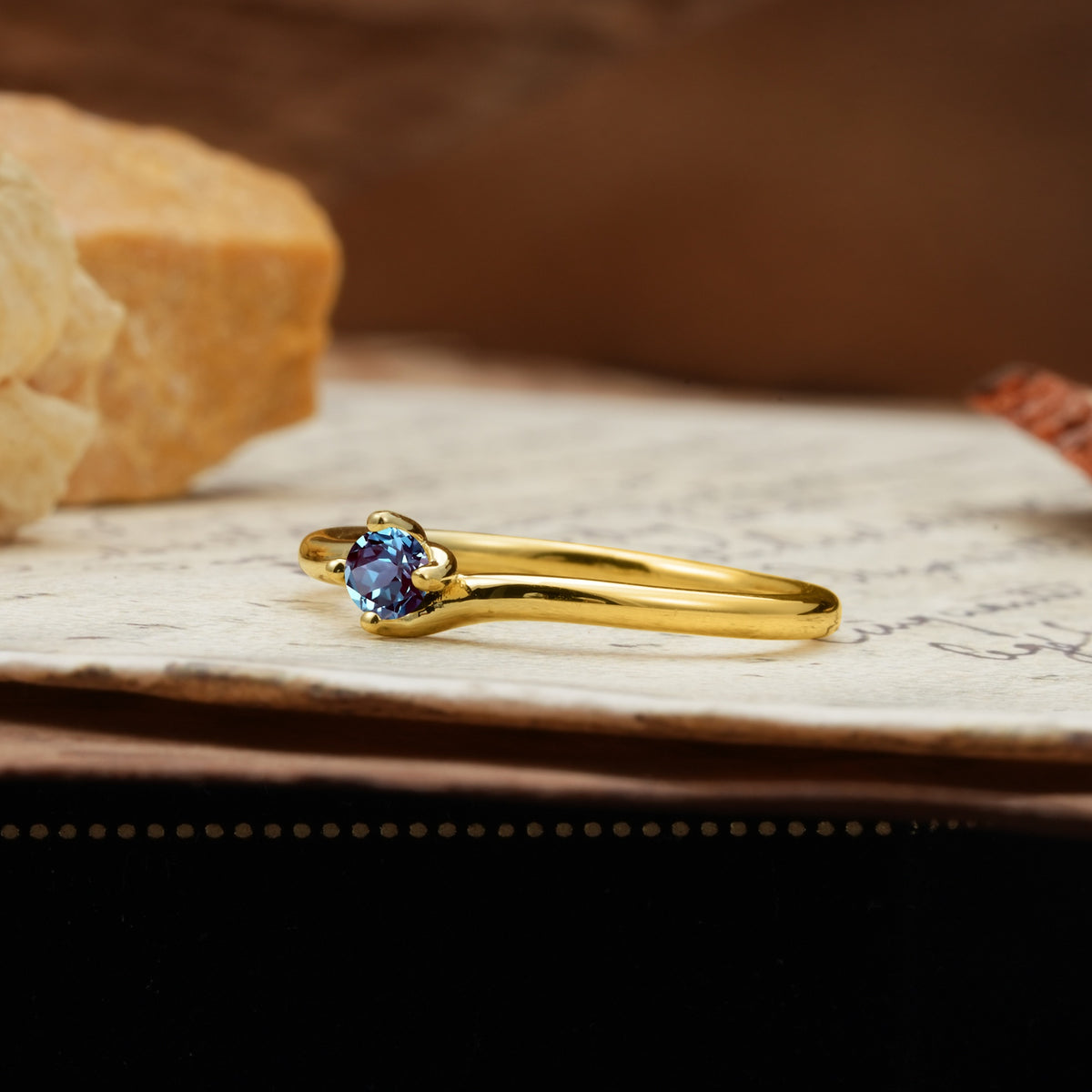 Classic and Minimalist 4-Prong Round-Cut Three-Stone Alexandrite Engagement Ring - Additional view
