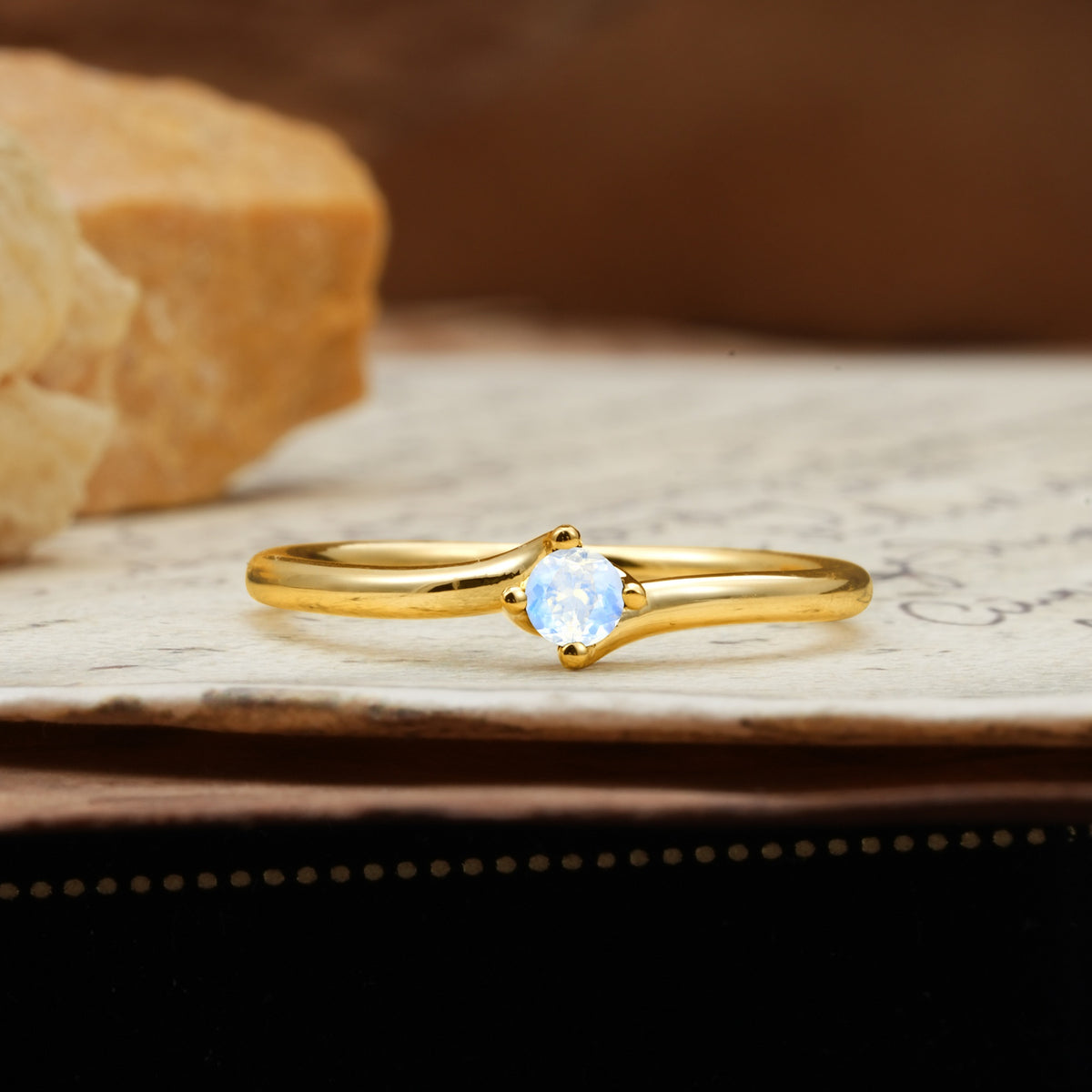 Classic and Minimalist 4-Prong Round-Cut Three-Stone Moonstone Engagement Ring - Additional view