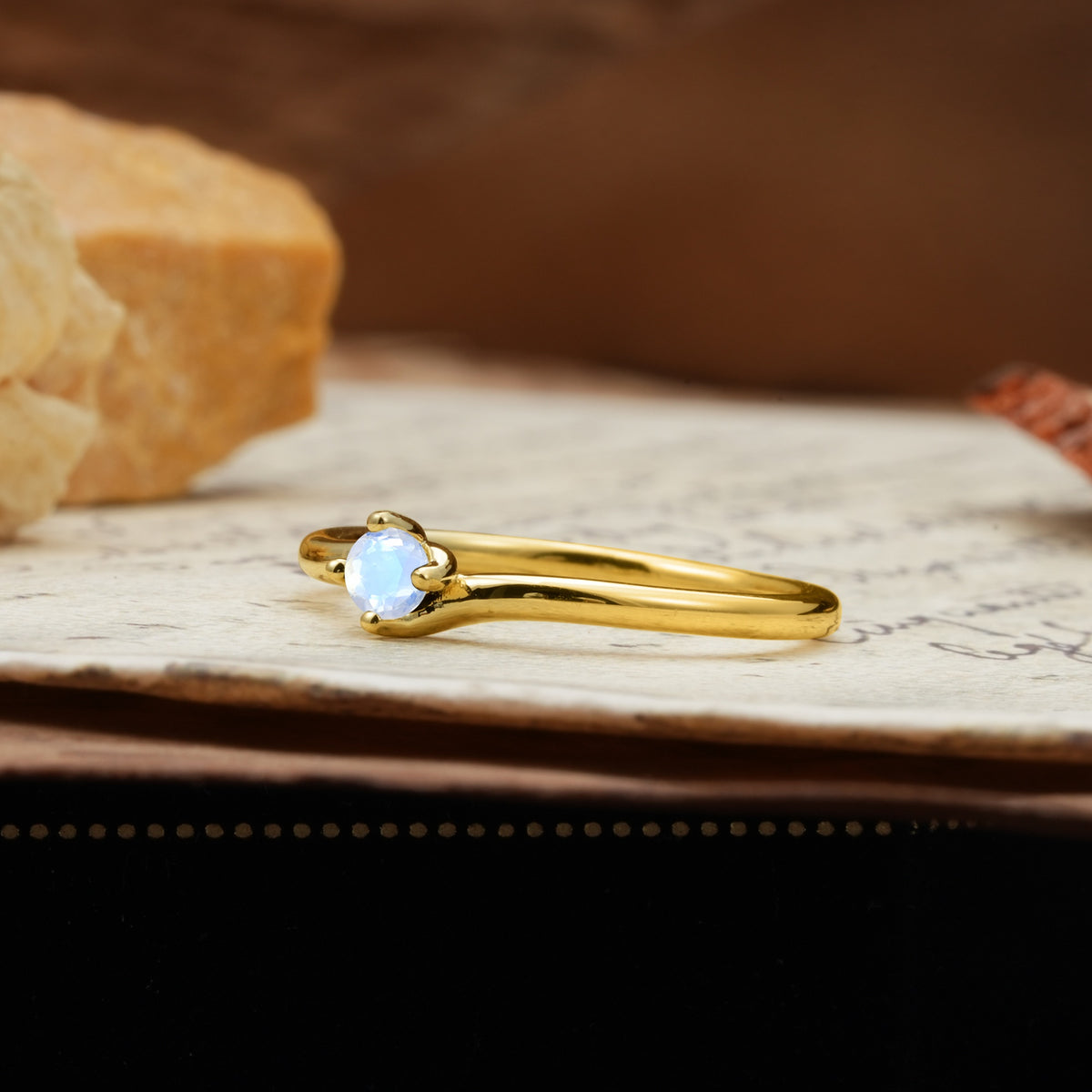 Classic and Minimalist 4-Prong Round-Cut Three-Stone Moonstone Engagement Ring - Additional view