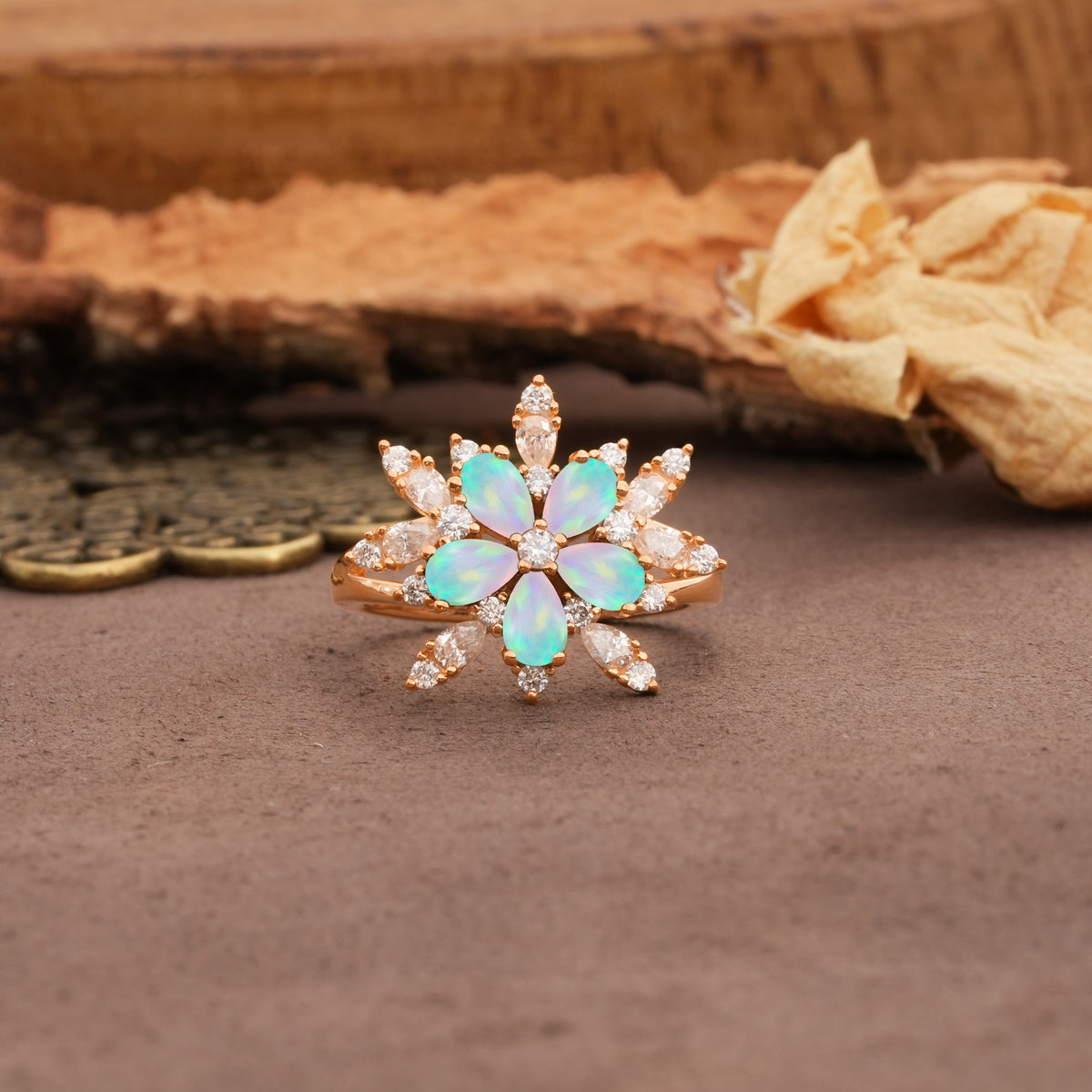 Unique and Luxurious Floral Design 4-Prong Pear Cut Fire Opal Engagement Ring - Additional view