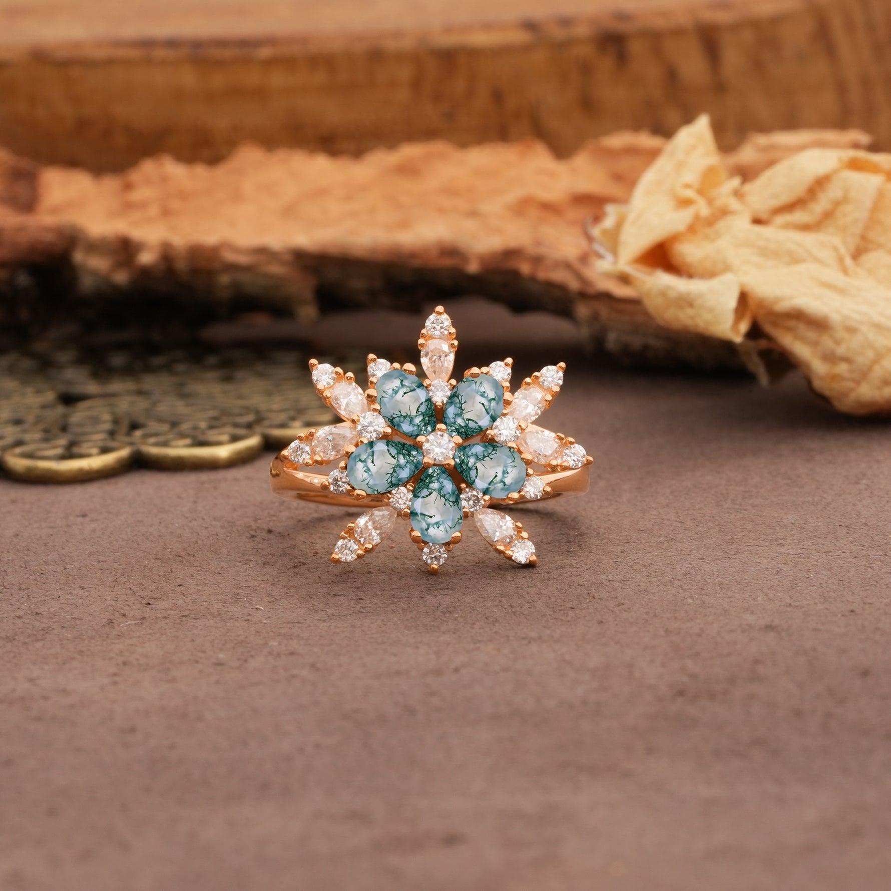 Unique and Luxurious Floral Design 4-Prong Pear Cut Moss Agate Engagement Ring - Additional view