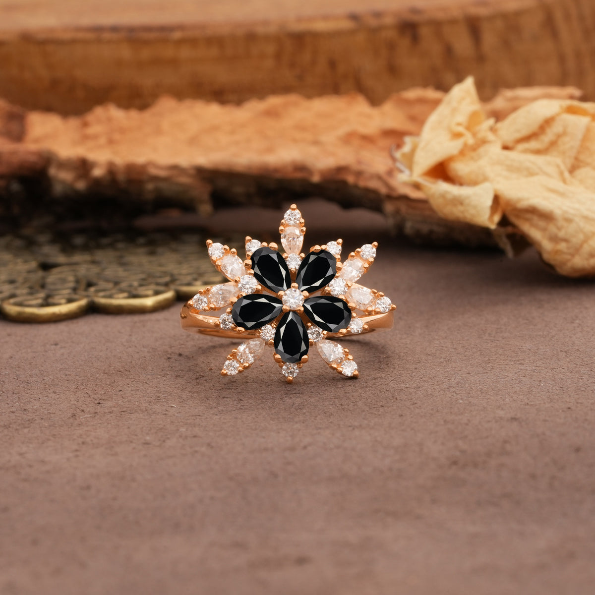 Unique and Luxurious Floral Design 4-Prong Pear Cut Black Onyx Engagement Ring - Additional view