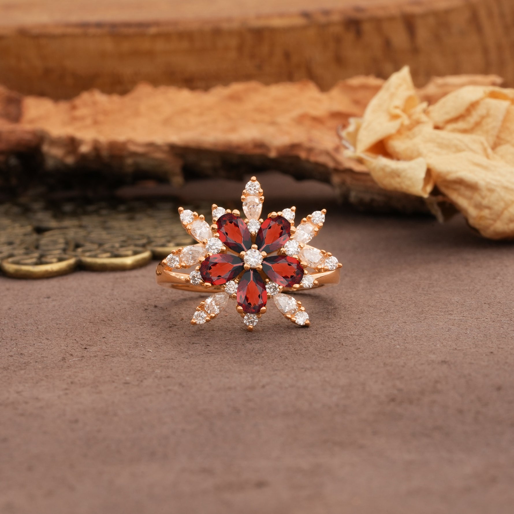 Unique and Luxurious Floral Design 4-Prong Pear Cut Garnet Engagement Ring - Additional view
