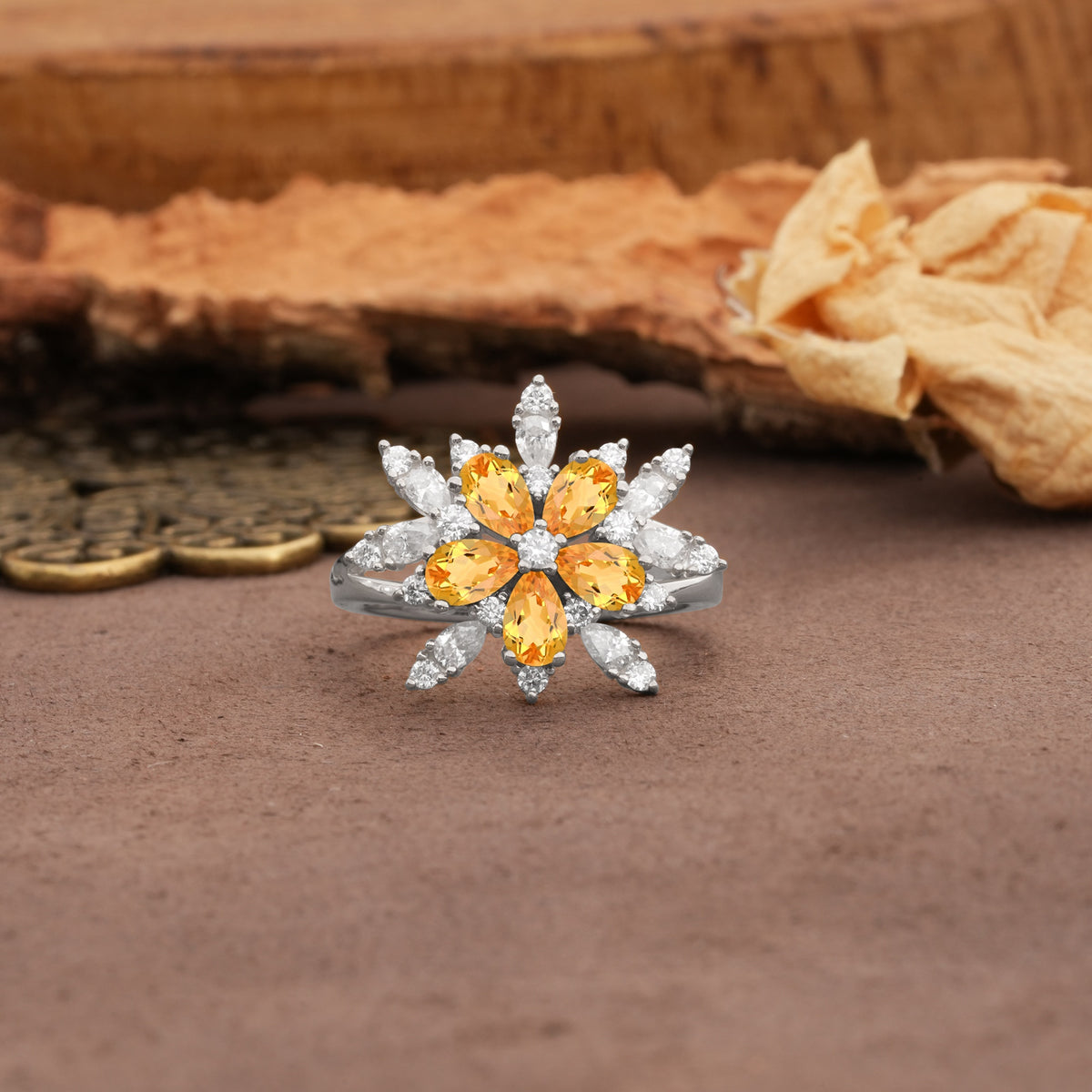 Unique and Luxurious Floral Design 4-Prong Pear Cut Citrine Engagement Ring - Additional view