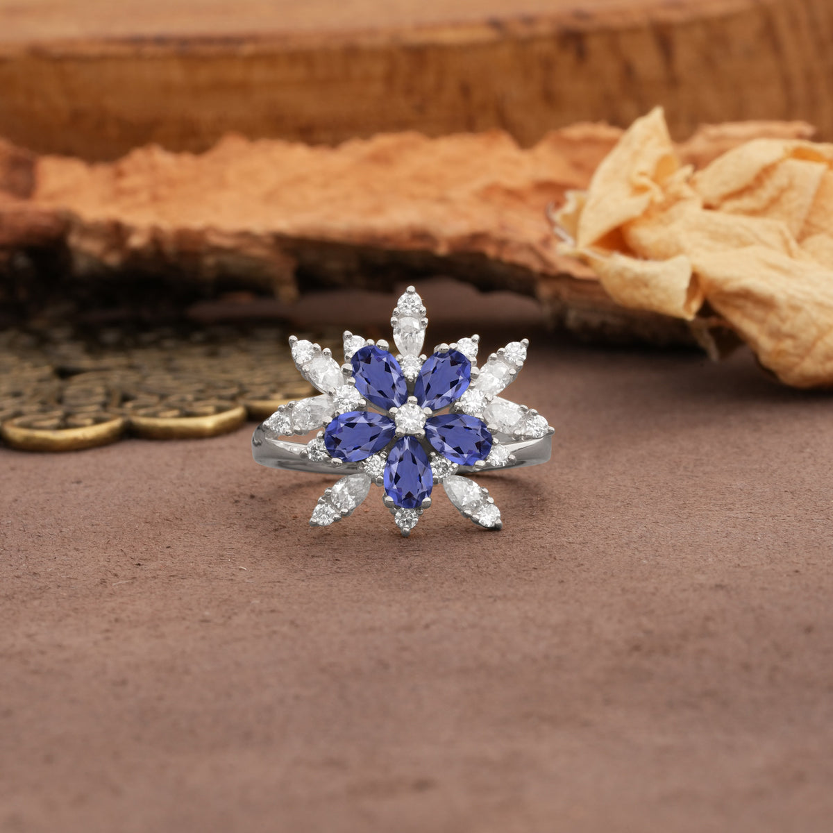 Unique and Luxurious Floral Design 4-Prong Pear Cut Tanzanite Engagement Ring - Additional view