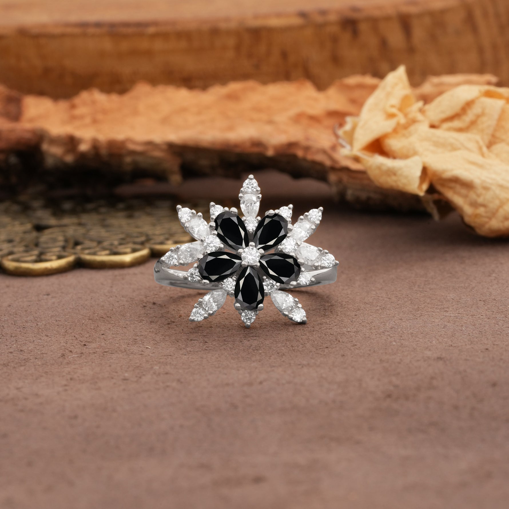 Unique and Luxurious Floral Design 4-Prong Pear Cut Black Onyx Engagement Ring - Additional view