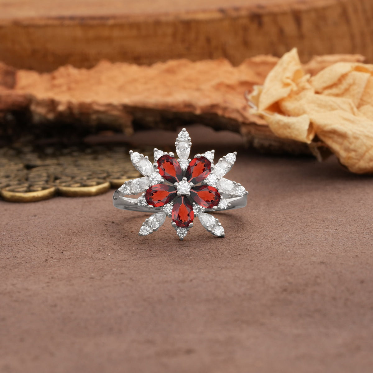 Unique and Luxurious Floral Design 4-Prong Pear Cut Garnet Engagement Ring - Additional view