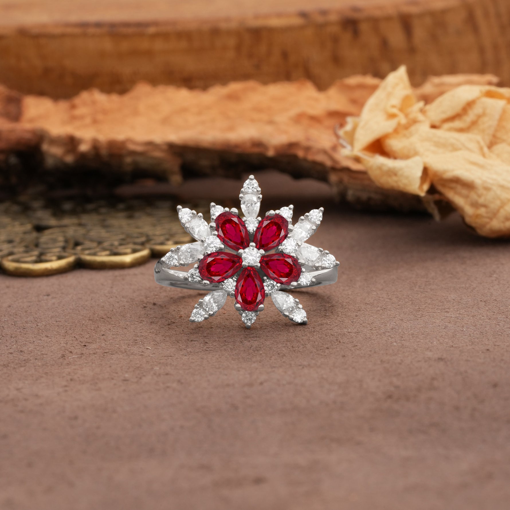 Unique and Luxurious Floral Design 4-Prong Pear Cut Ruby Engagement Ring - Additional view