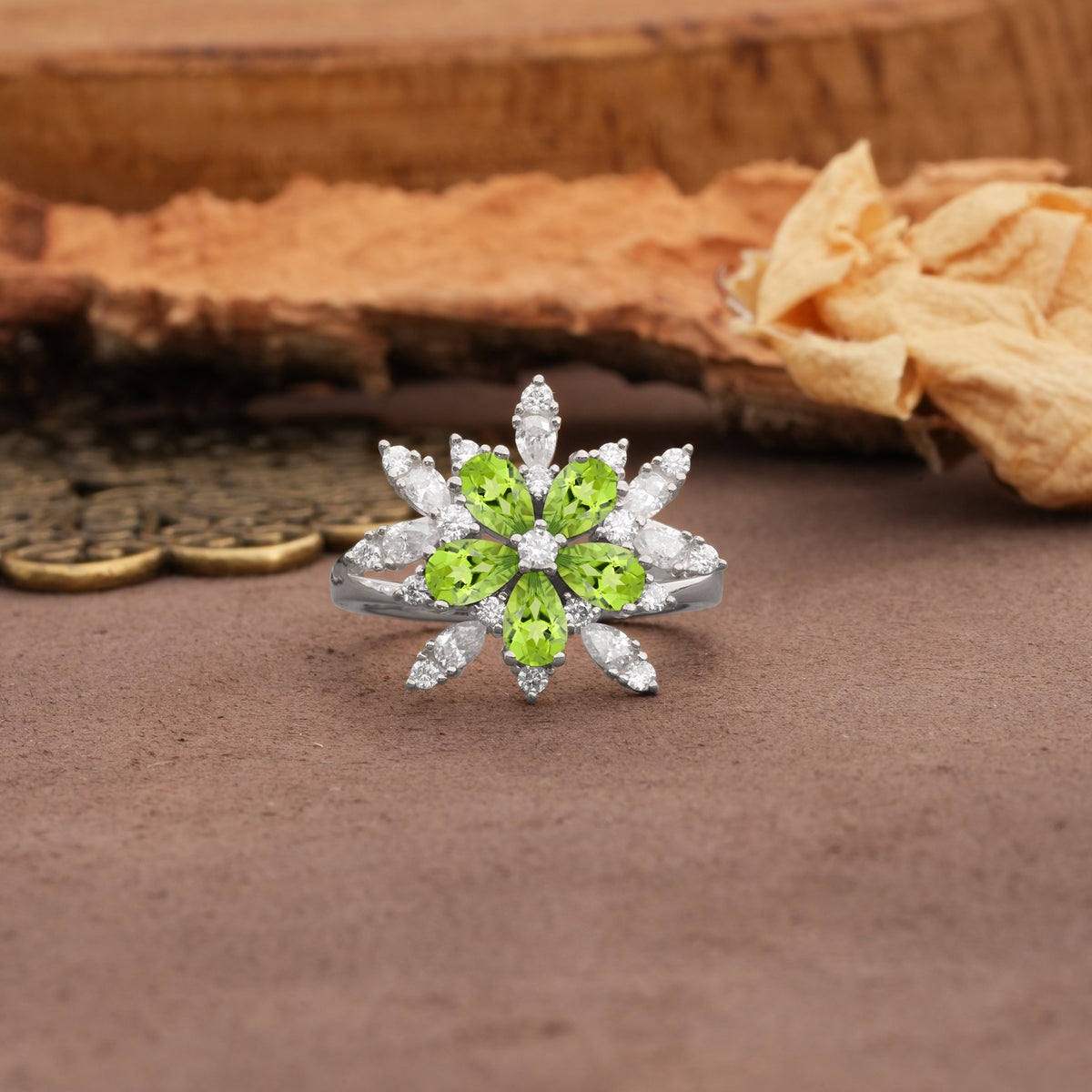 Unique and Luxurious Floral Design 4-Prong Pear Cut Peridot Engagement Ring - Additional view