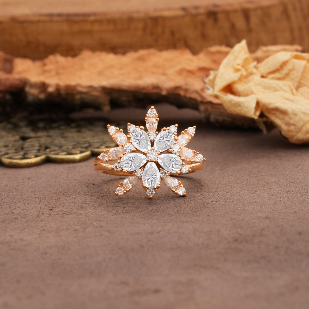 Unique and Luxurious Floral Design 4-Prong Pear Cut Moissanite Engagement Ring - Additional view