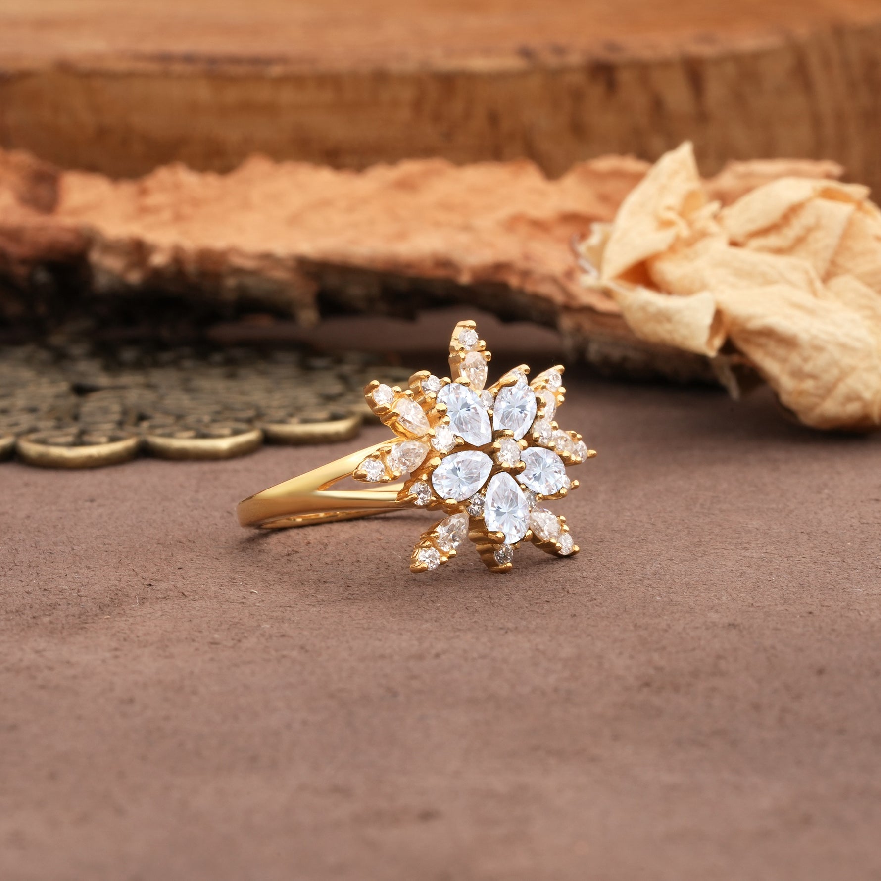 Unique and Luxurious Floral Design 4-Prong Pear Cut Moissanite Engagement Ring - Additional view