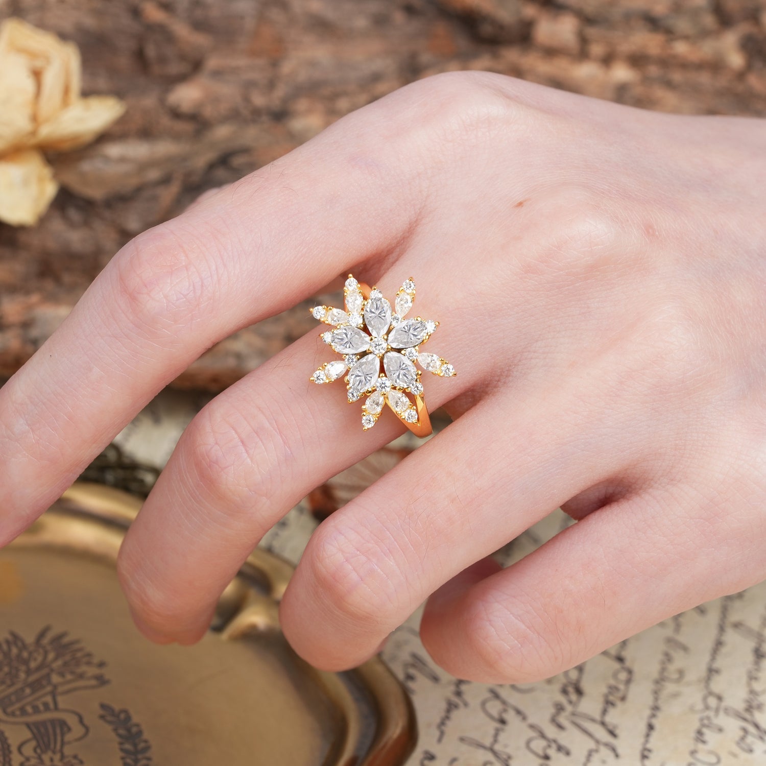 Unique and Luxurious Floral Design 4-Prong Pear Cut Moissanite Engagement Ring - Additional view