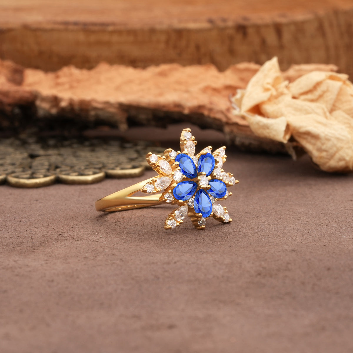 Unique and Luxurious Floral Design 4-Prong Pear Cut Sapphire Engagement Ring - Additional view