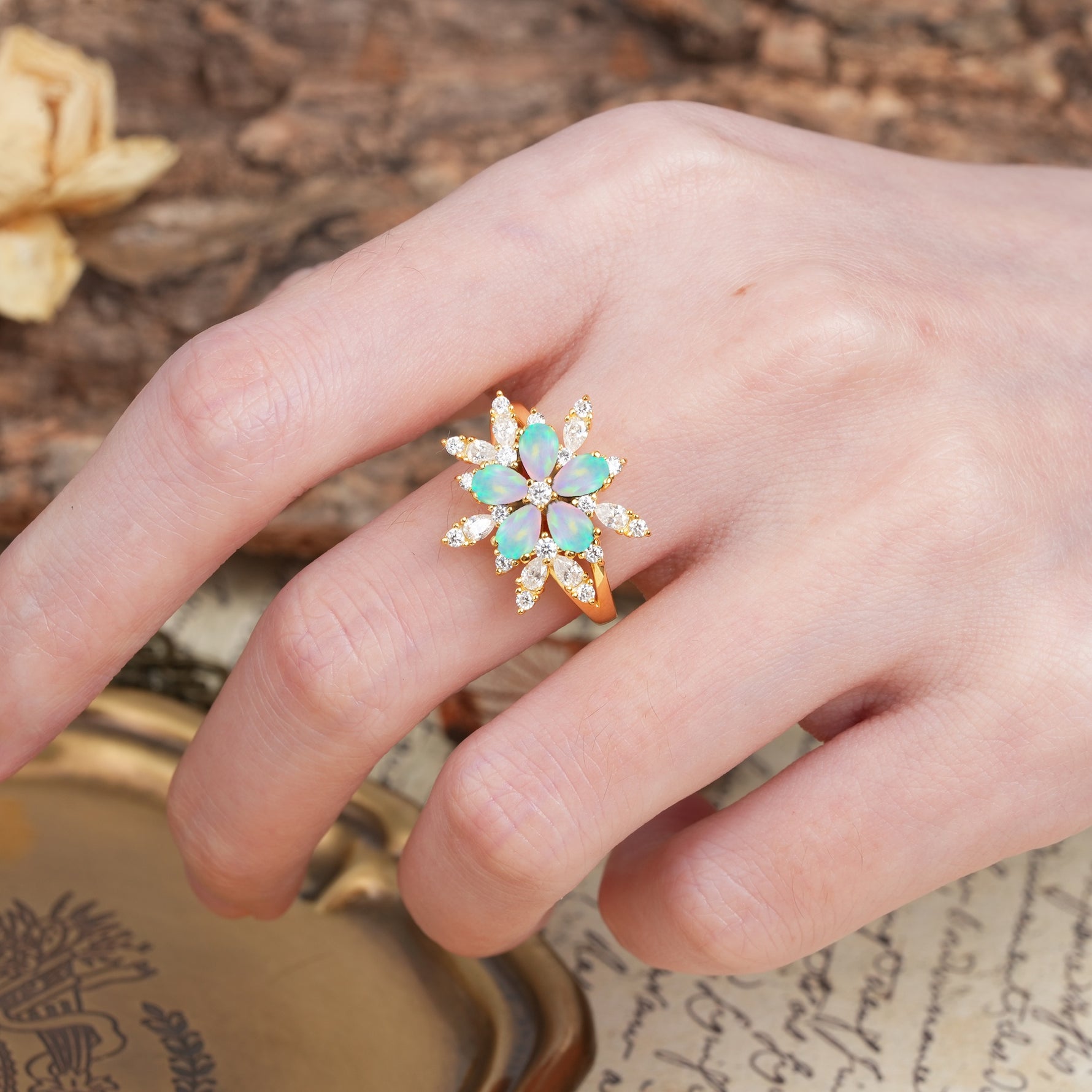 Unique and Luxurious Floral Design 4-Prong Pear Cut Fire Opal Engagement Ring - Additional view