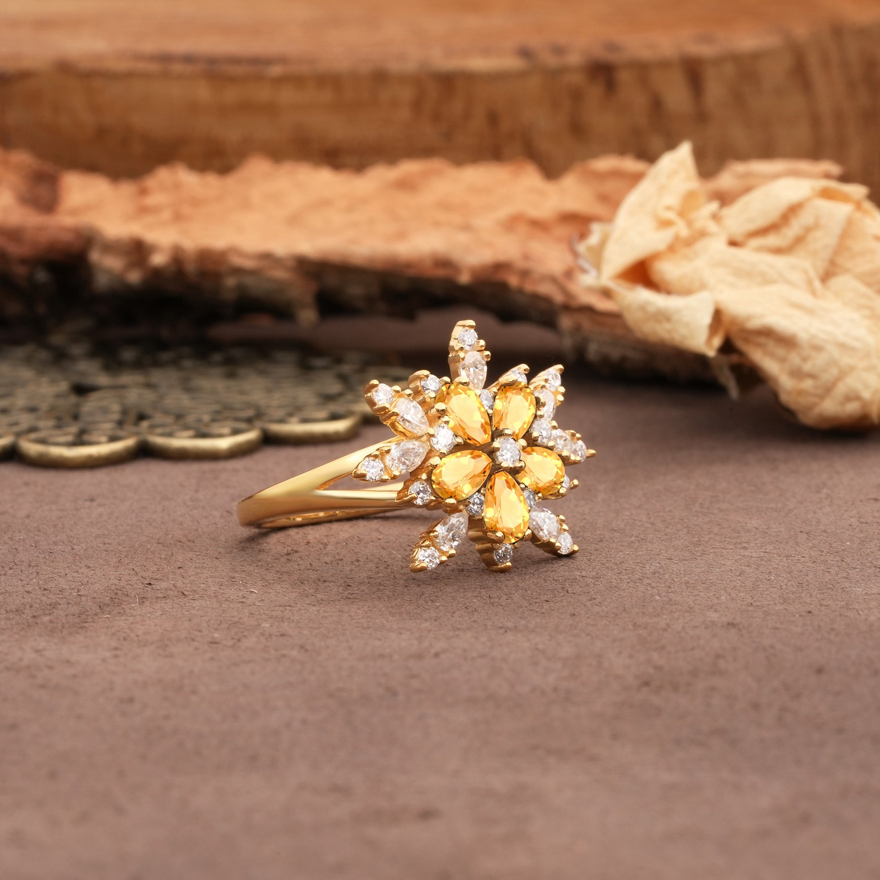 Unique and Luxurious Floral Design 4-Prong Pear Cut Citrine Engagement Ring - Additional view