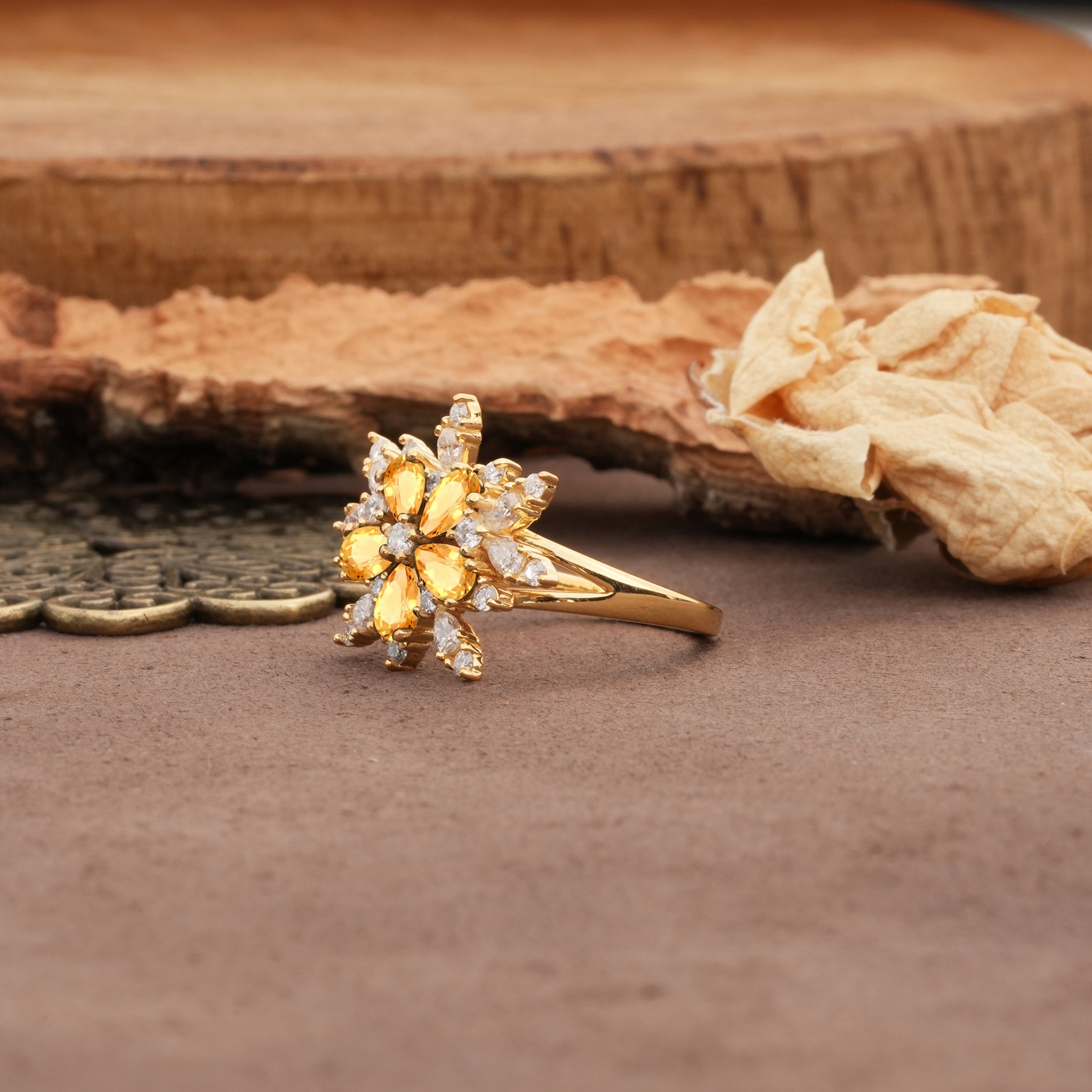Unique and Luxurious Floral Design 4-Prong Pear Cut Citrine Engagement Ring - Additional view