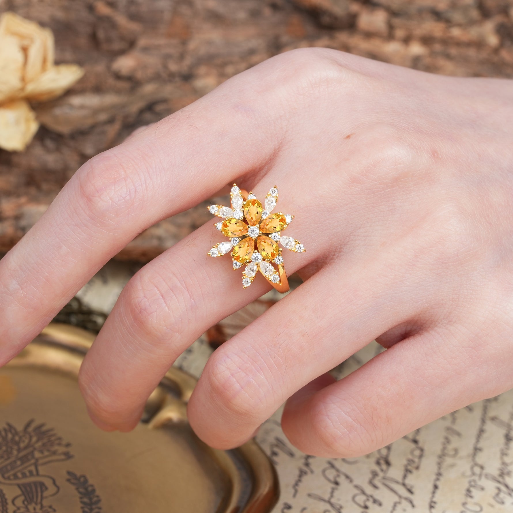 Unique and Luxurious Floral Design 4-Prong Pear Cut Citrine Engagement Ring - Additional view