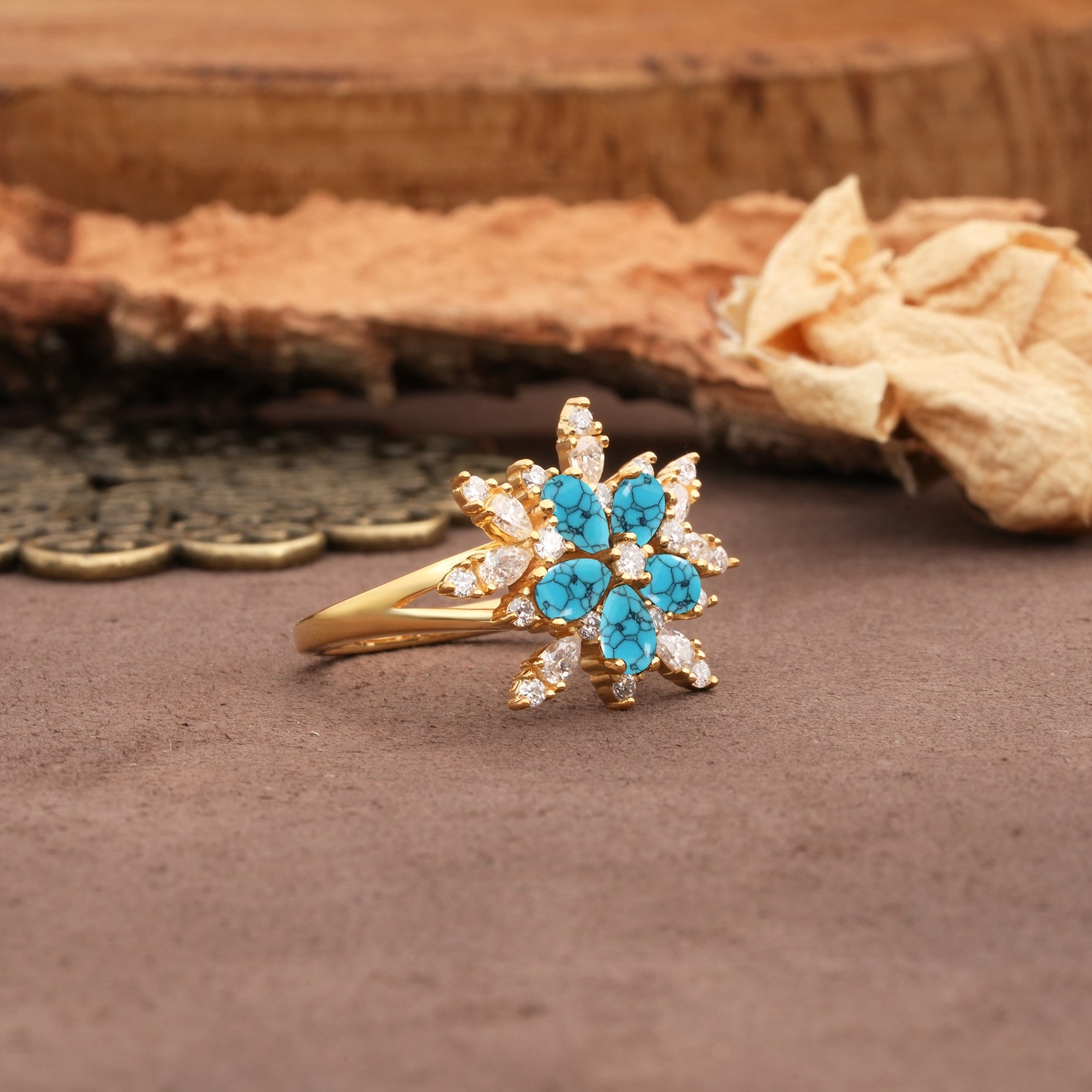 Unique and Luxurious Floral Design 4-Prong Pear Cut Turquoise Engagement Ring - Additional view